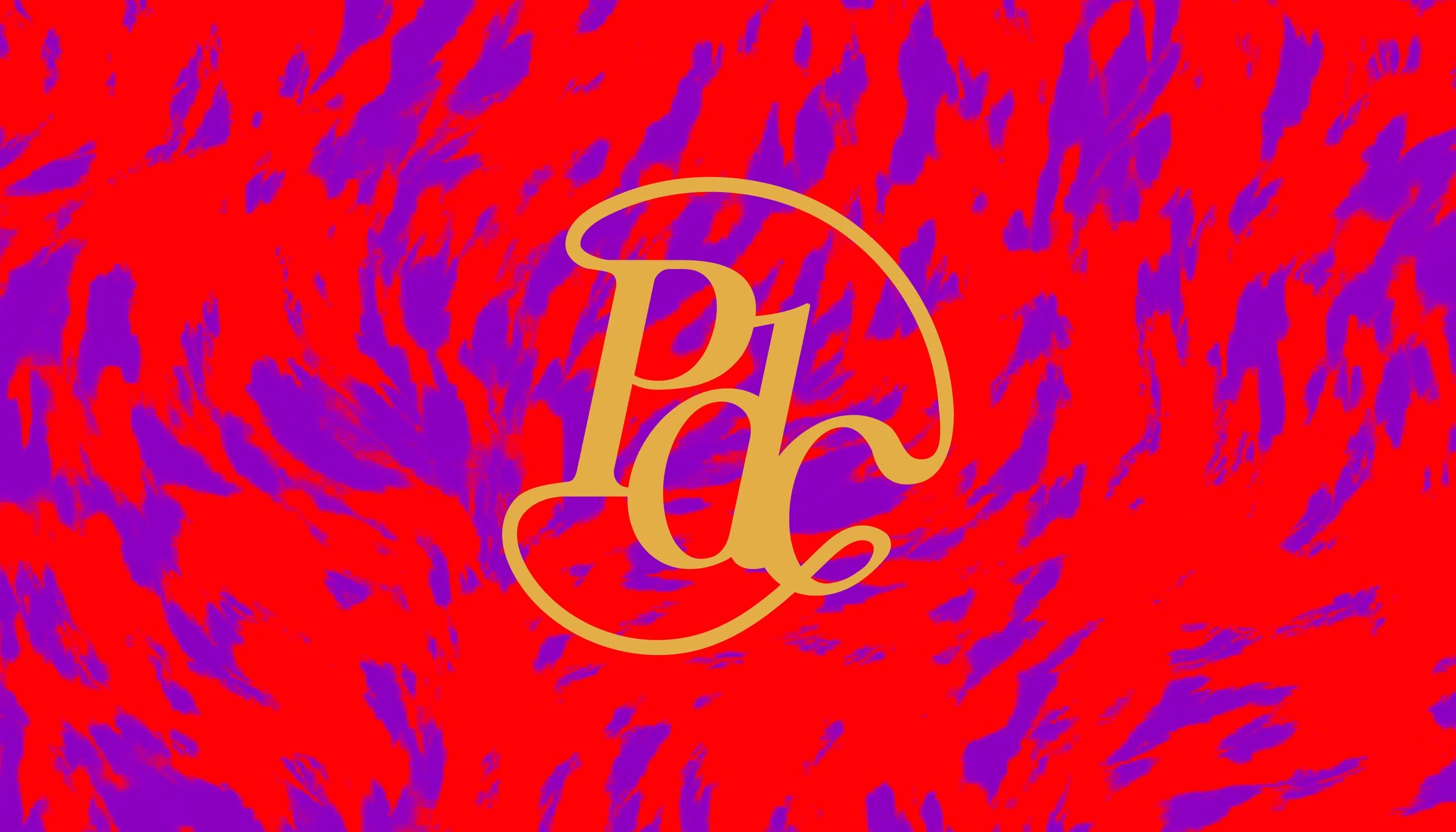 Centered gold monogram 'P' and 'd' on a red and purple abstract swirling background.