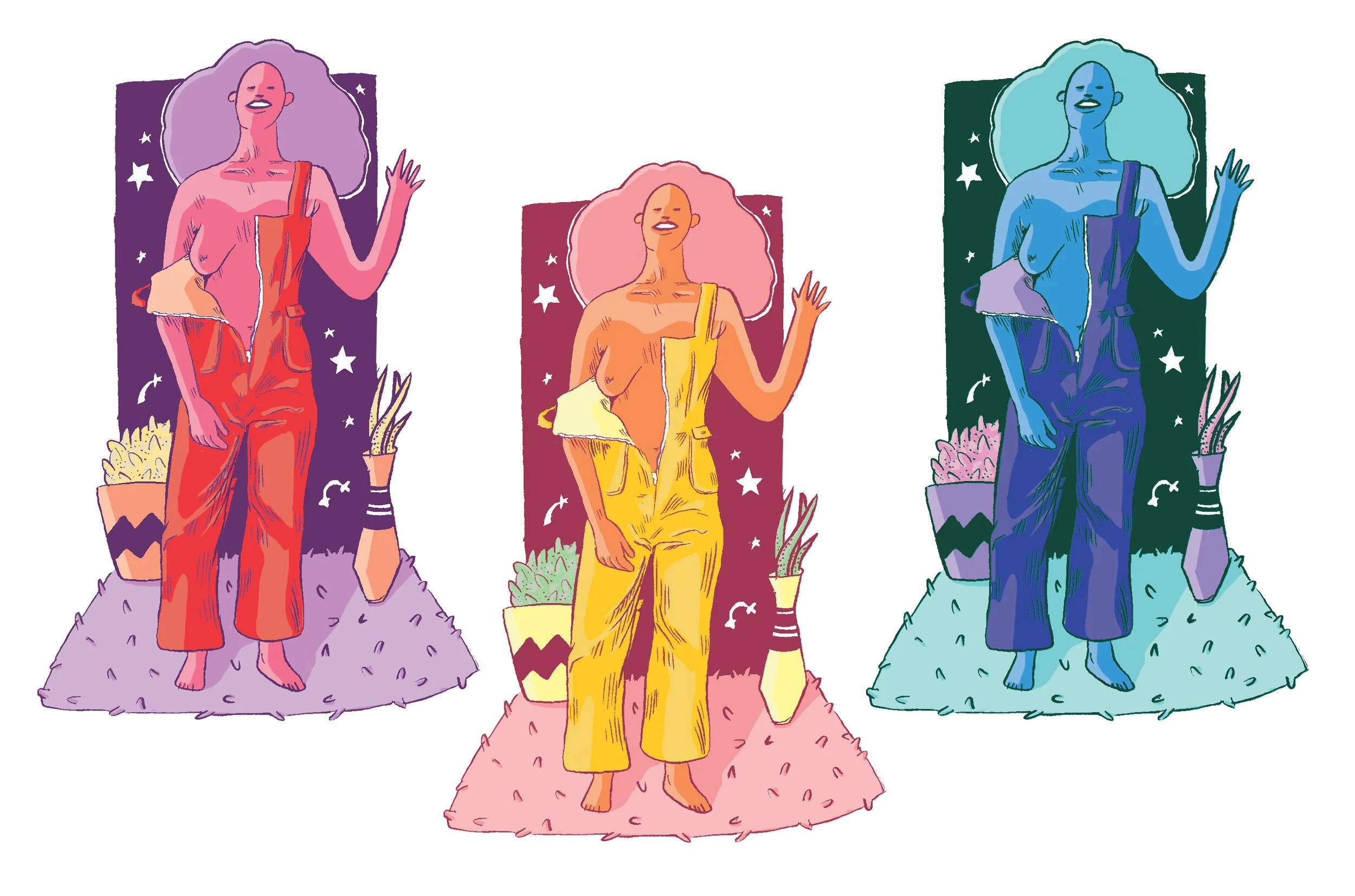 Colorful illustration of three women standing in front of mirrors, each with a different color scheme: pink, yellow, and blue. They are wearing casual overalls and are surrounded by potted plants and a fluffy rug.
