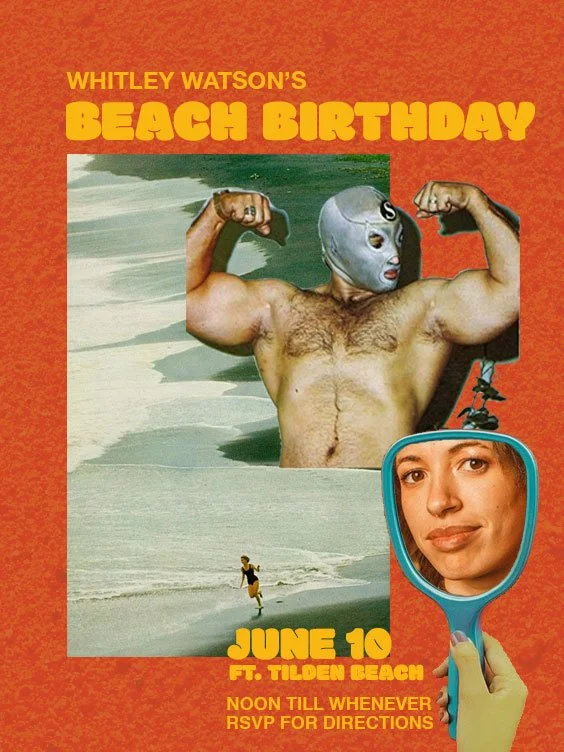 Retro-style beach party poster featuring a muscular man with a silver lucha libre mask, a young woman holding a mirror mirror, a woman running along the shoreline, and bold orange and yellow text advertising Whitley Watson's beach birthday event at T