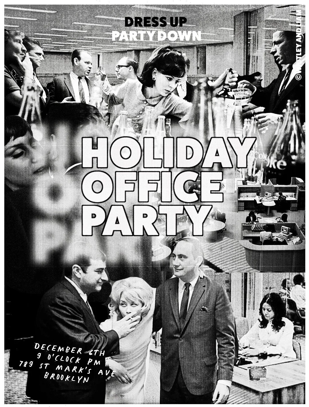 Black and white photo collage promoting a holiday office party event on December 6th at 9 o'clock PM at 789 St Mark's Ave, Brooklyn. The collage features scenes of people at an office party, including socializing, drinking, and office work.