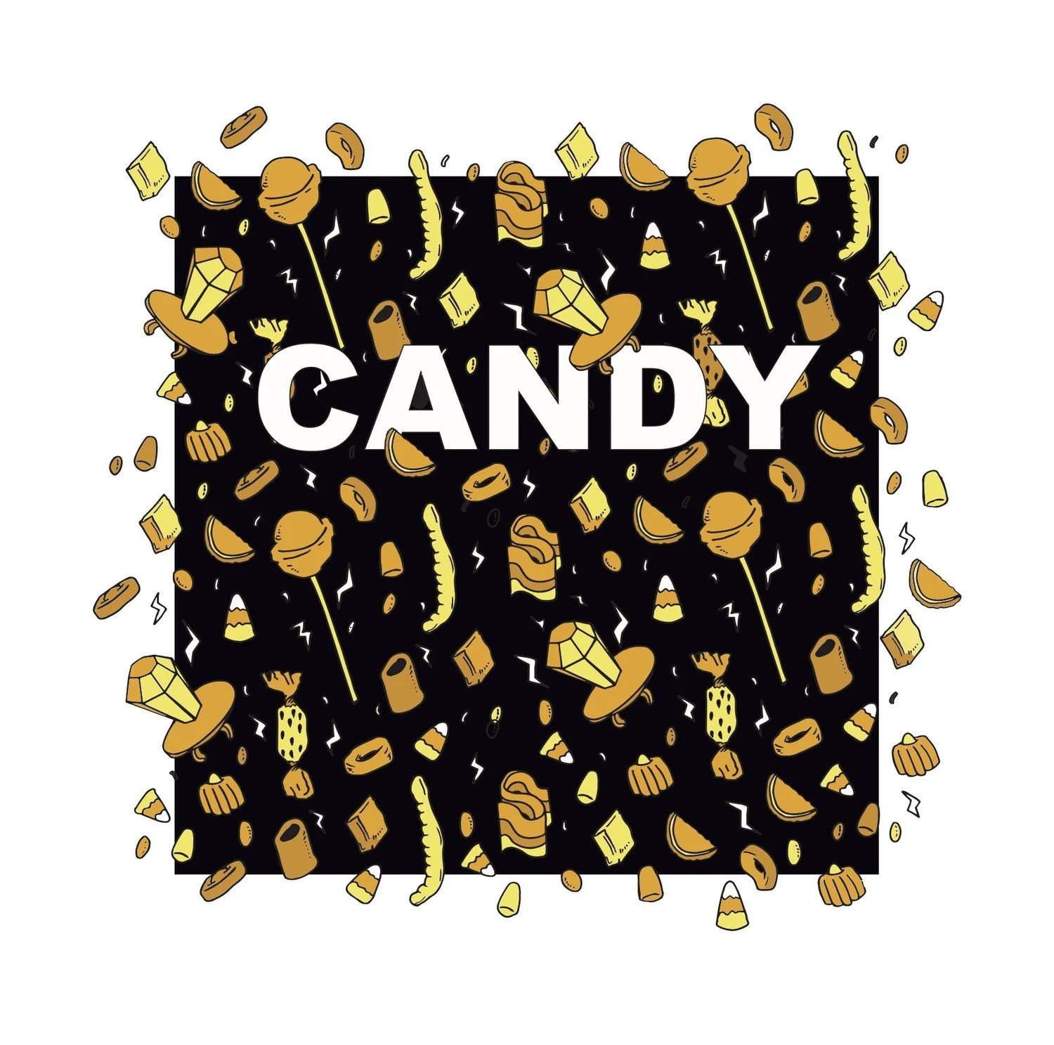 Colorful illustration with the word 'CANDY' in the center, surrounded by scattered candies, lollipops, and chocolates on a black background.