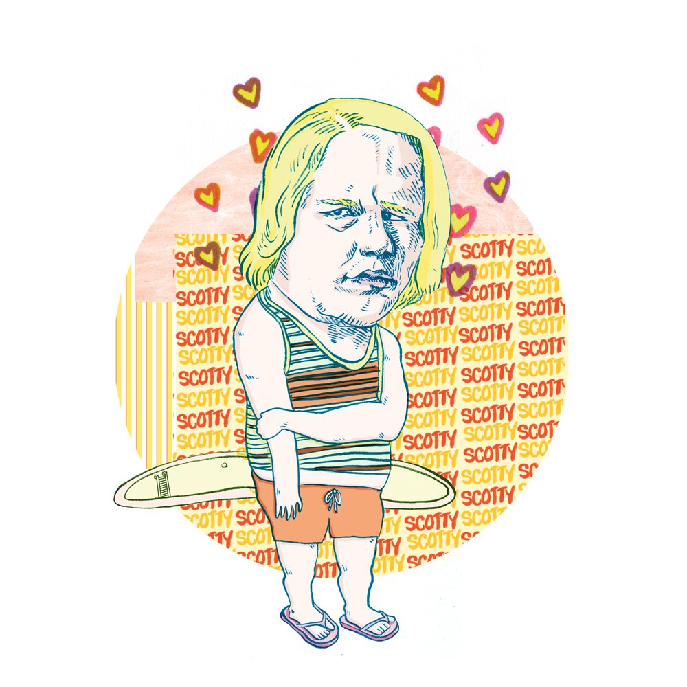 Cartoon of a person with long blonde hair, wearing a striped tank top, orange shorts, flip-flops, and standing with arms crossed in front of a surfboard, surrounded by colorful hearts and a background pattern of the name 'Scotty' repeated multiple times.