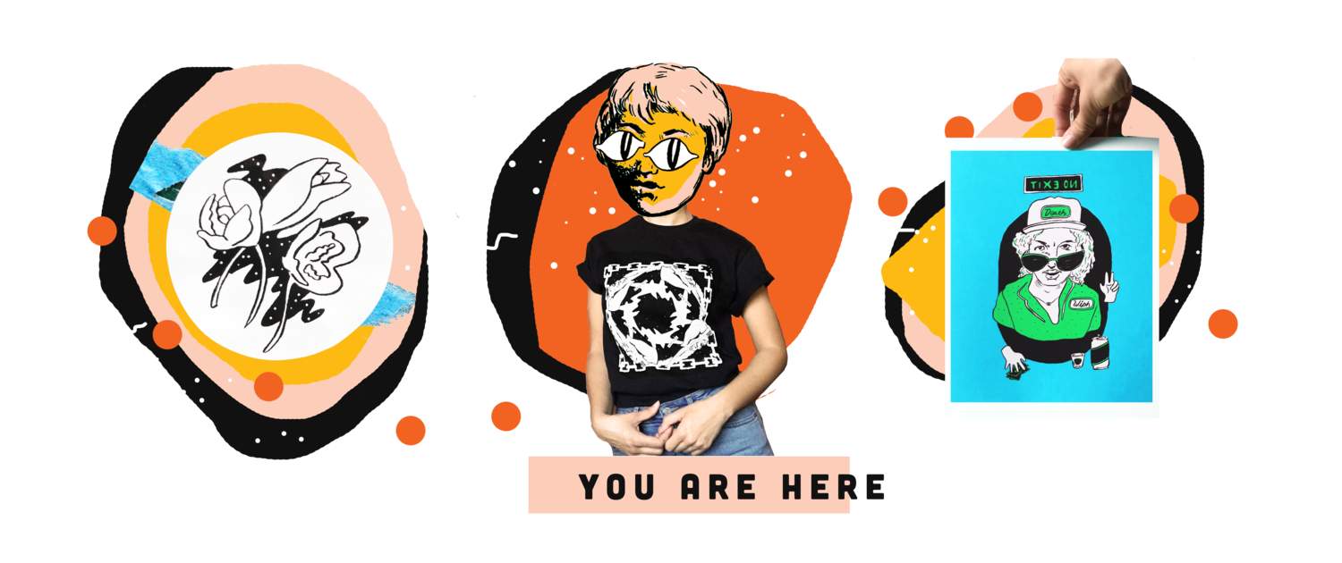 A collage of artistic illustrations and photographs featuring a person with a cartoonish mask, a floral design, and a drawing of an elderly woman with sunglasses and a cap, with the text 'YOU ARE HERE' at the bottom.