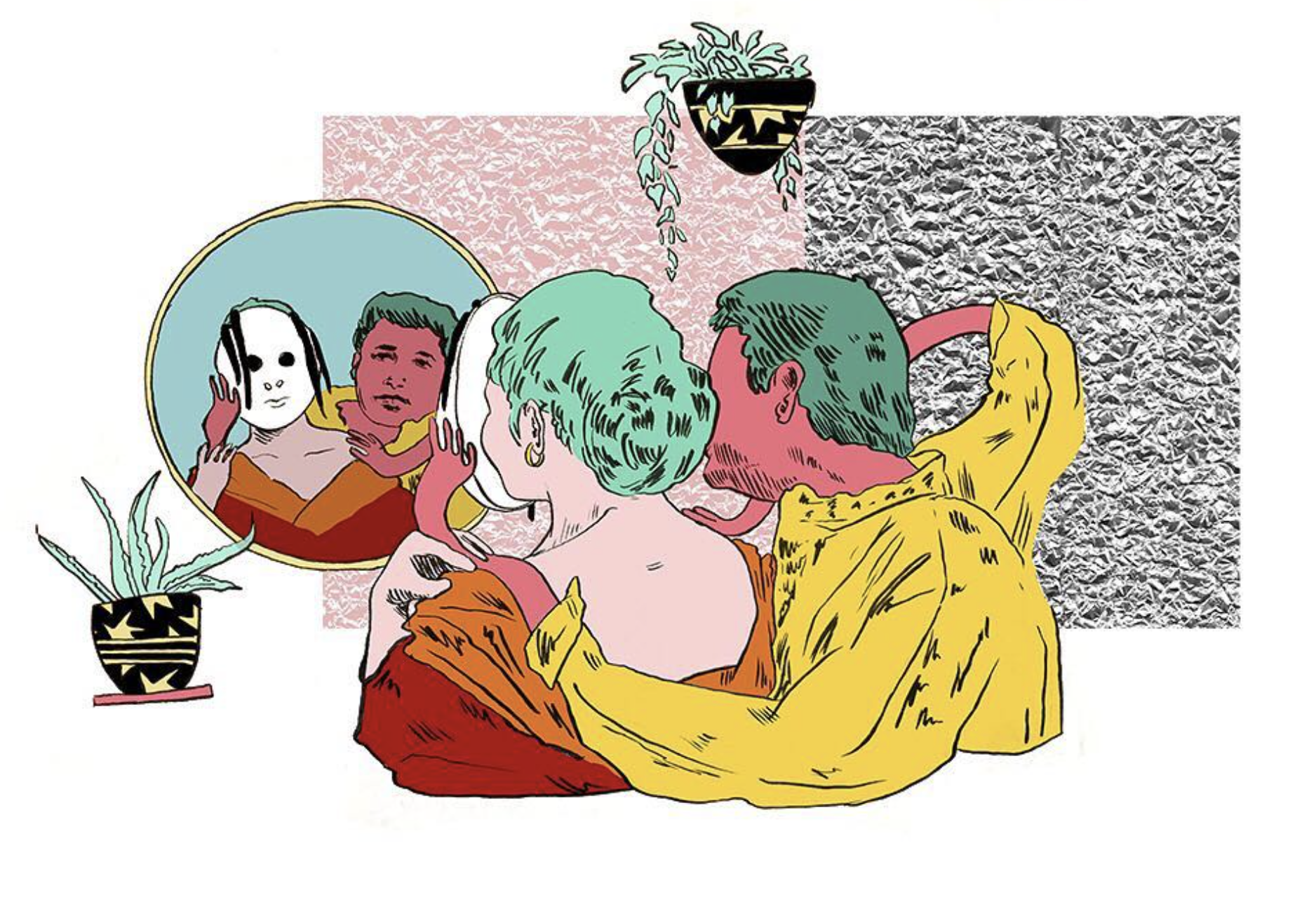 A colorful illustration of a woman looking at herself in a mirror, with a man sitting close behind her, both in casual clothing. The background features a potted plant, textured rectangles, and another wall with hanging plants.