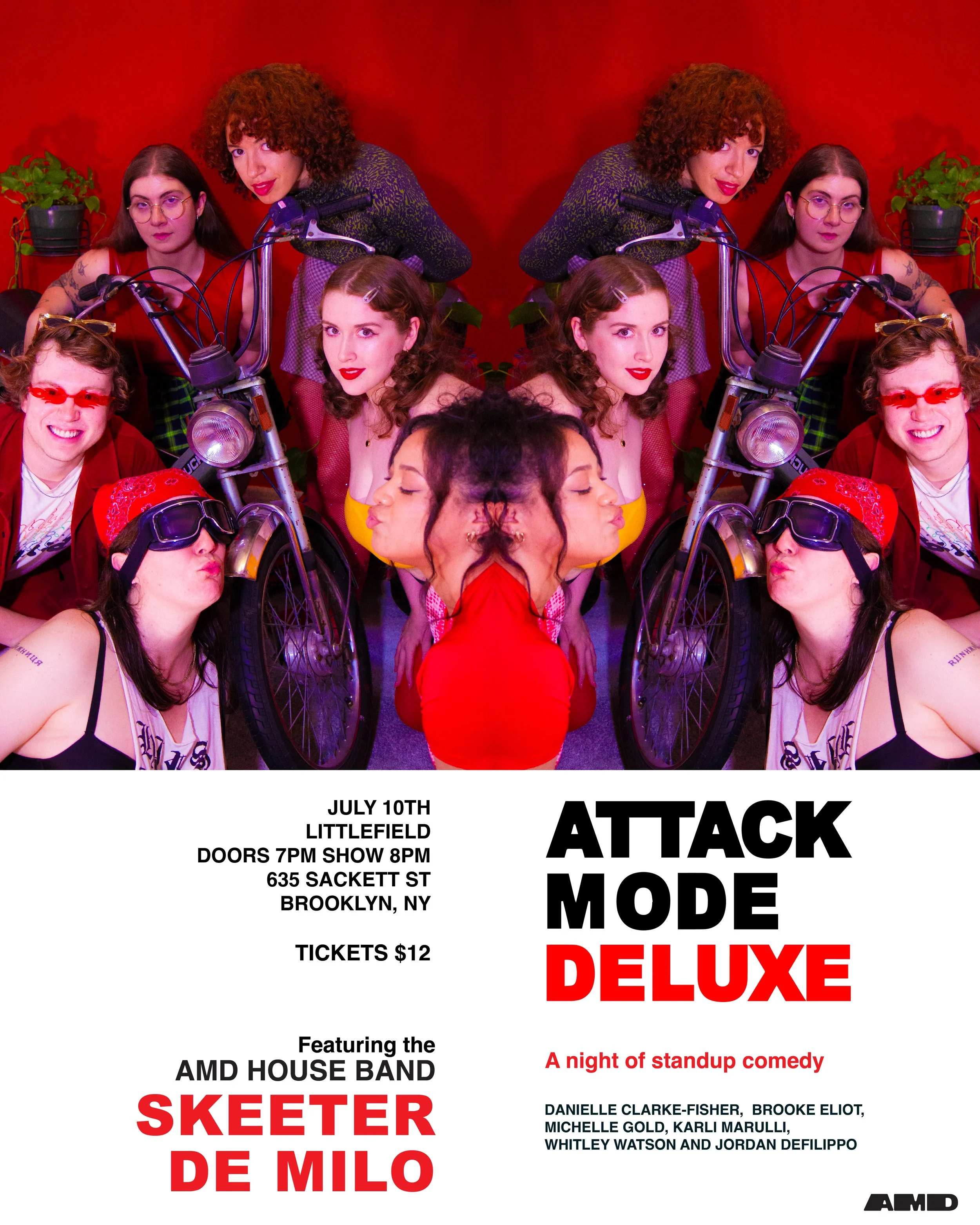 A promotional poster for the show 'Attack Mode Deluxe,' featuring a mirrored image of a group of seven women posing with a bicycle against a red background. The lower part of the poster contains event details, including date, location, ticket price, and performers.