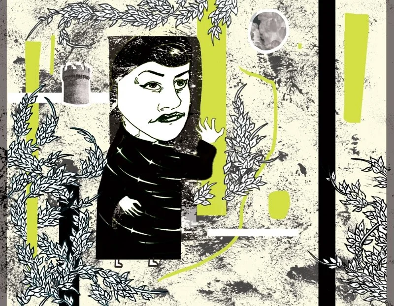 A stylized drawing of a woman with short dark hair, wearing a black turtleneck, surrounded by botanical elements, a small tower, and a moon in the background.
