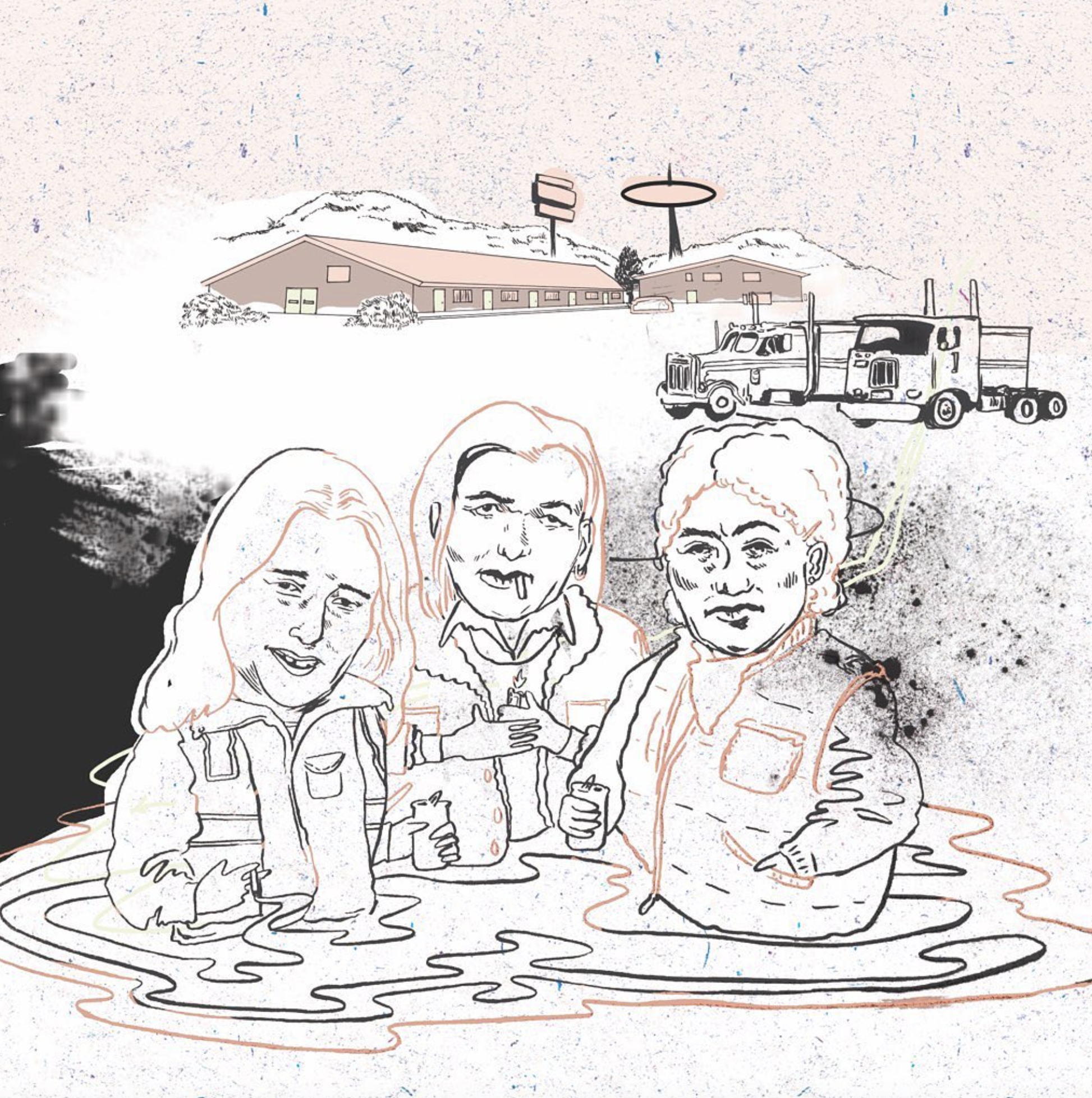 A stylized, sketch-like illustration of three women in a hot spring, with buildings, mountains, and a truck in the background.