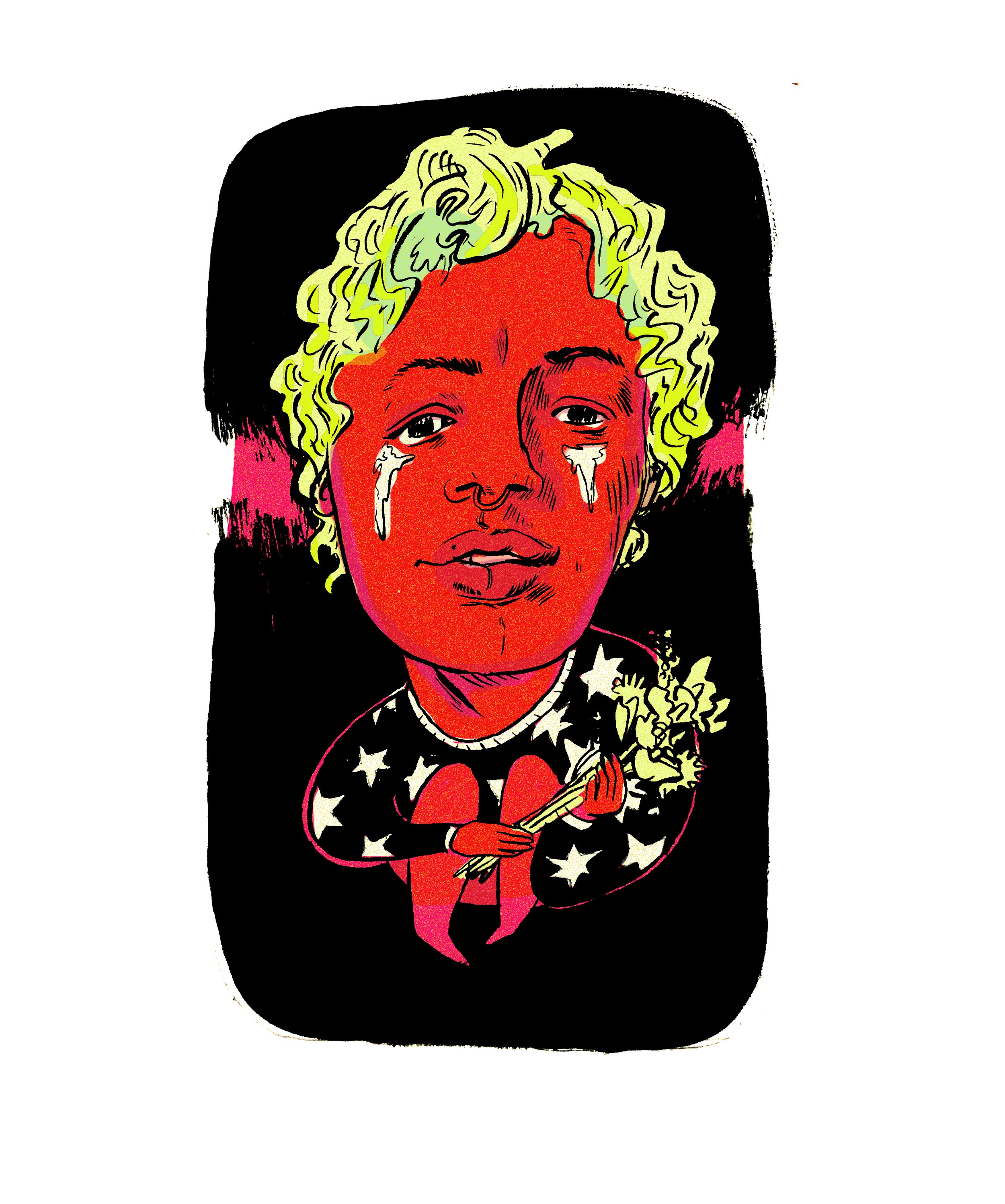 A cartoon illustration of a person with curly blonde hair, crying, holding a bouquet of flowers, wearing a star-patterned shirt, sitting on a black background.