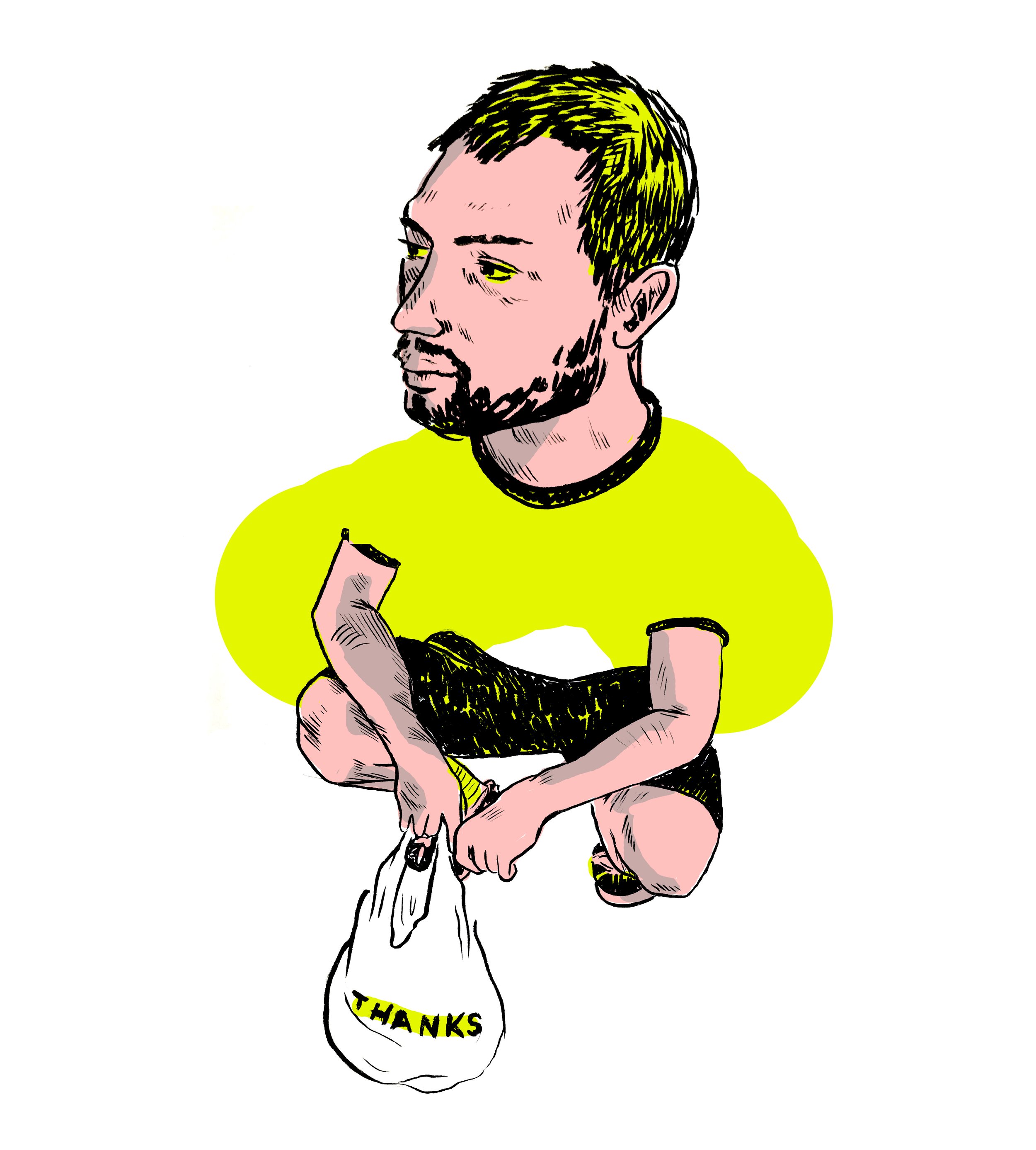 A hand-drawn illustration of a man with short hair, beard, and a serious expression, squatting and holding a plastic bag with the word 'THANKS' on it, wearing a yellow shirt and black shorts.