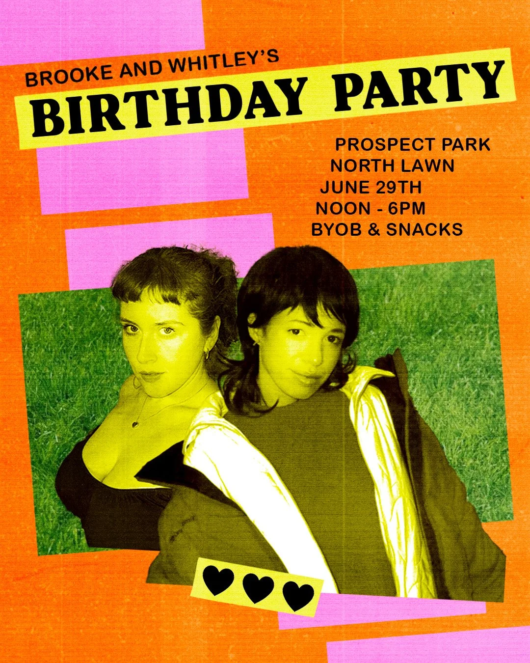 Colorful birthday party flyer with photos of two women, event details including date, location, time, and snacks.