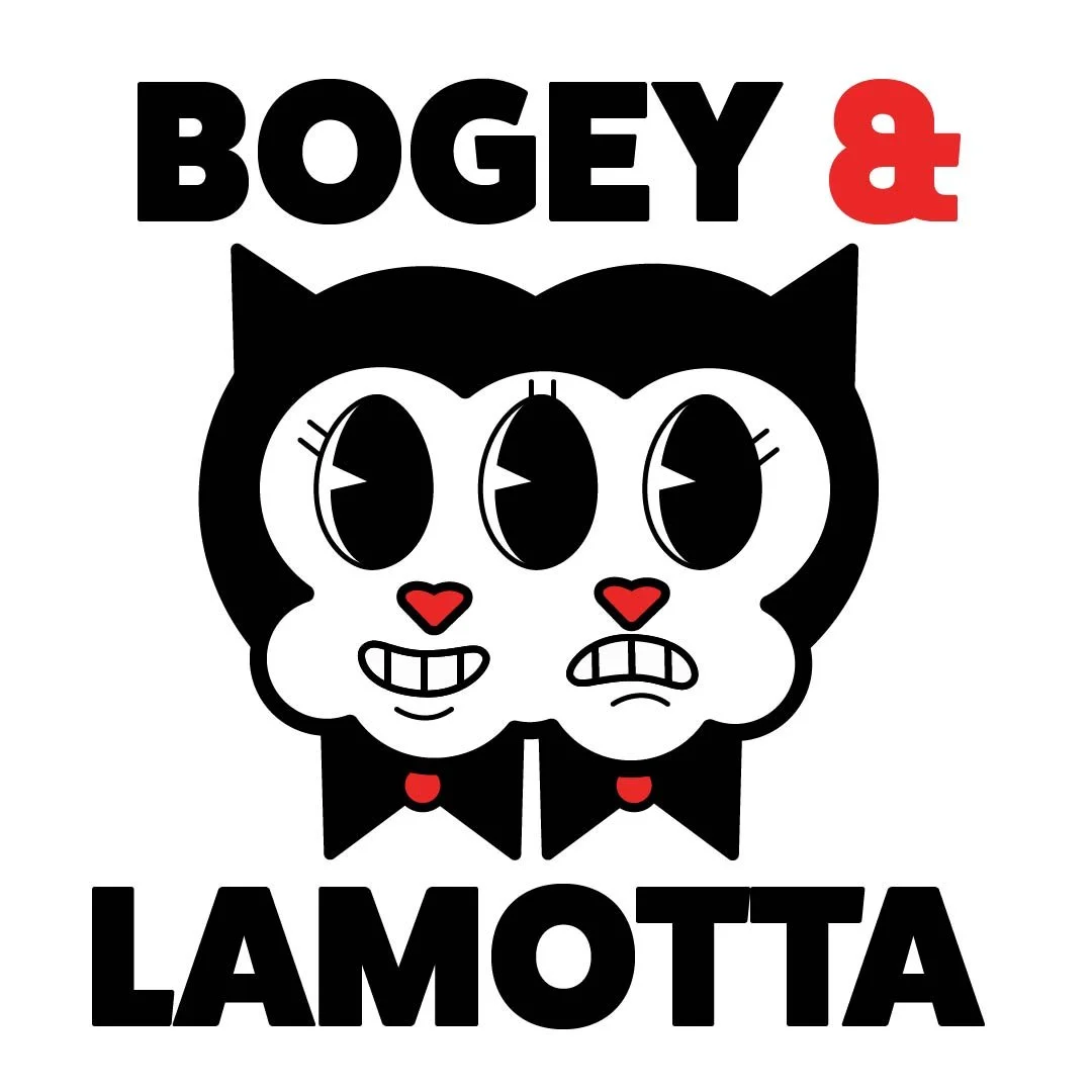 Stylized graphic of a three-eyed character with cartoonish face, red heart-shaped nose, and a black cat-like head with large eyes and pointy ears, with the text 'BOGEY & LAMOTTA' above and below in bold black letters, and red accents.