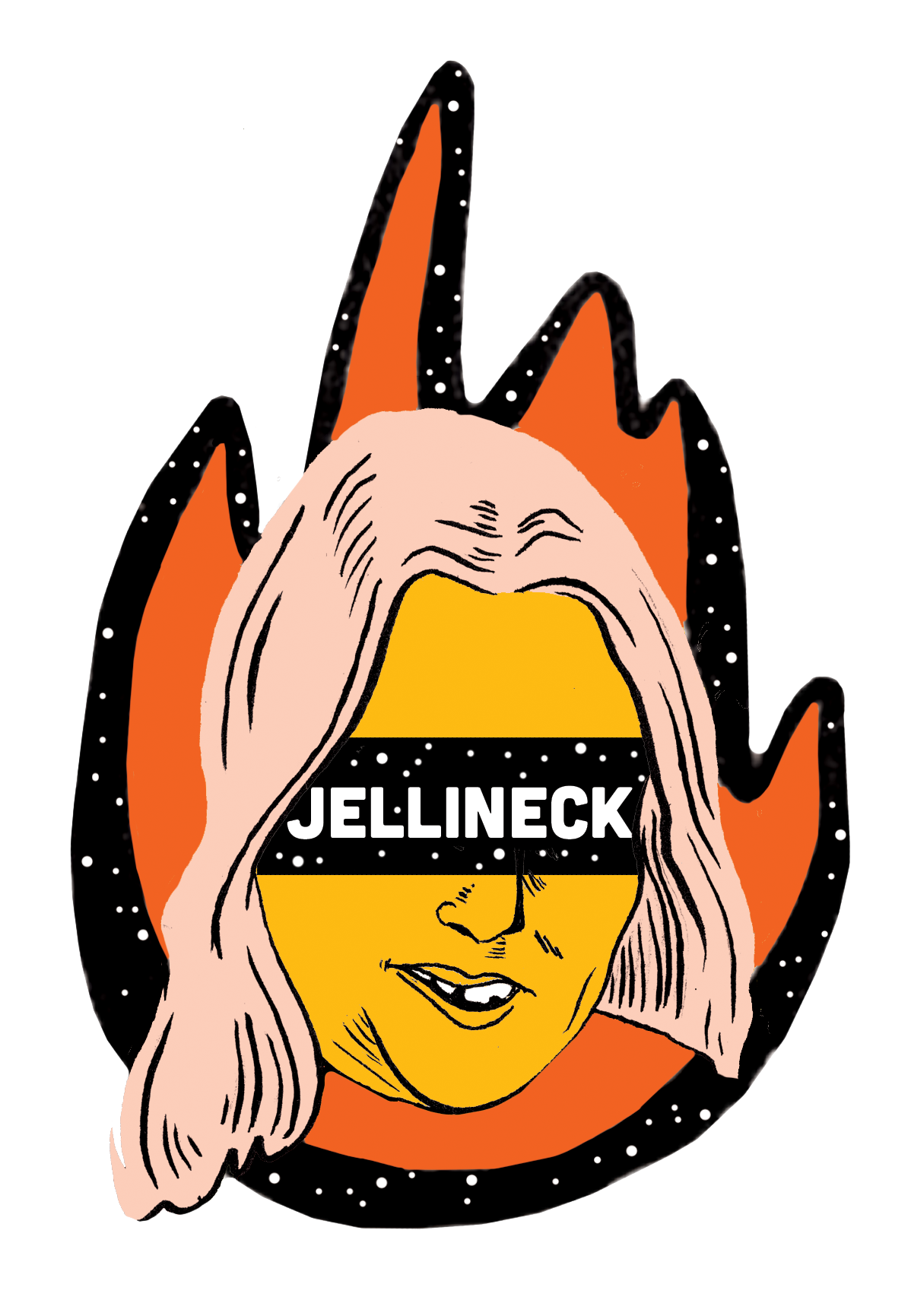 An illustrated character with blonde hair covering one eye, a mischievous smile, and the word "JELLINECK" across their face, set against a fiery background with black and white dotted accents.