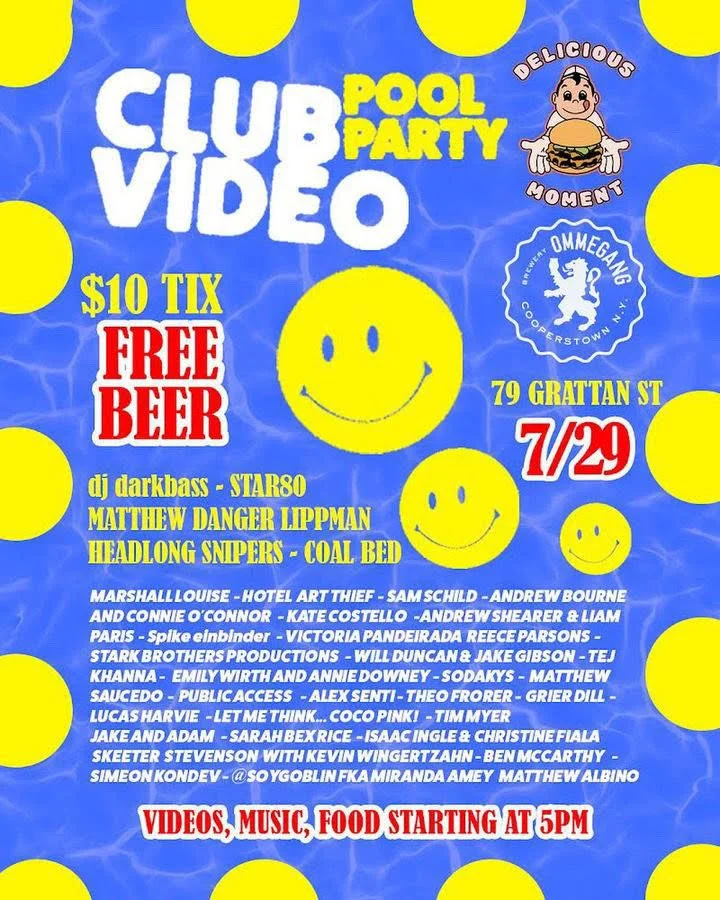 Flyer for a pool party called Club Vibe, featuring a smiley face, with details about free beer, music, videos, food starting at 5 pm, and a list of performers and speakers, located at 79 Grattan Street on July 29th.