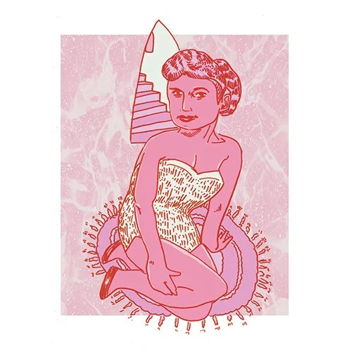 A stylized illustration of a woman with short hair, wearing a strapless dress, sitting on a large fish with a circular, spiky outline behind her, and a background with pink marbled patterns and a staircase in the distance.