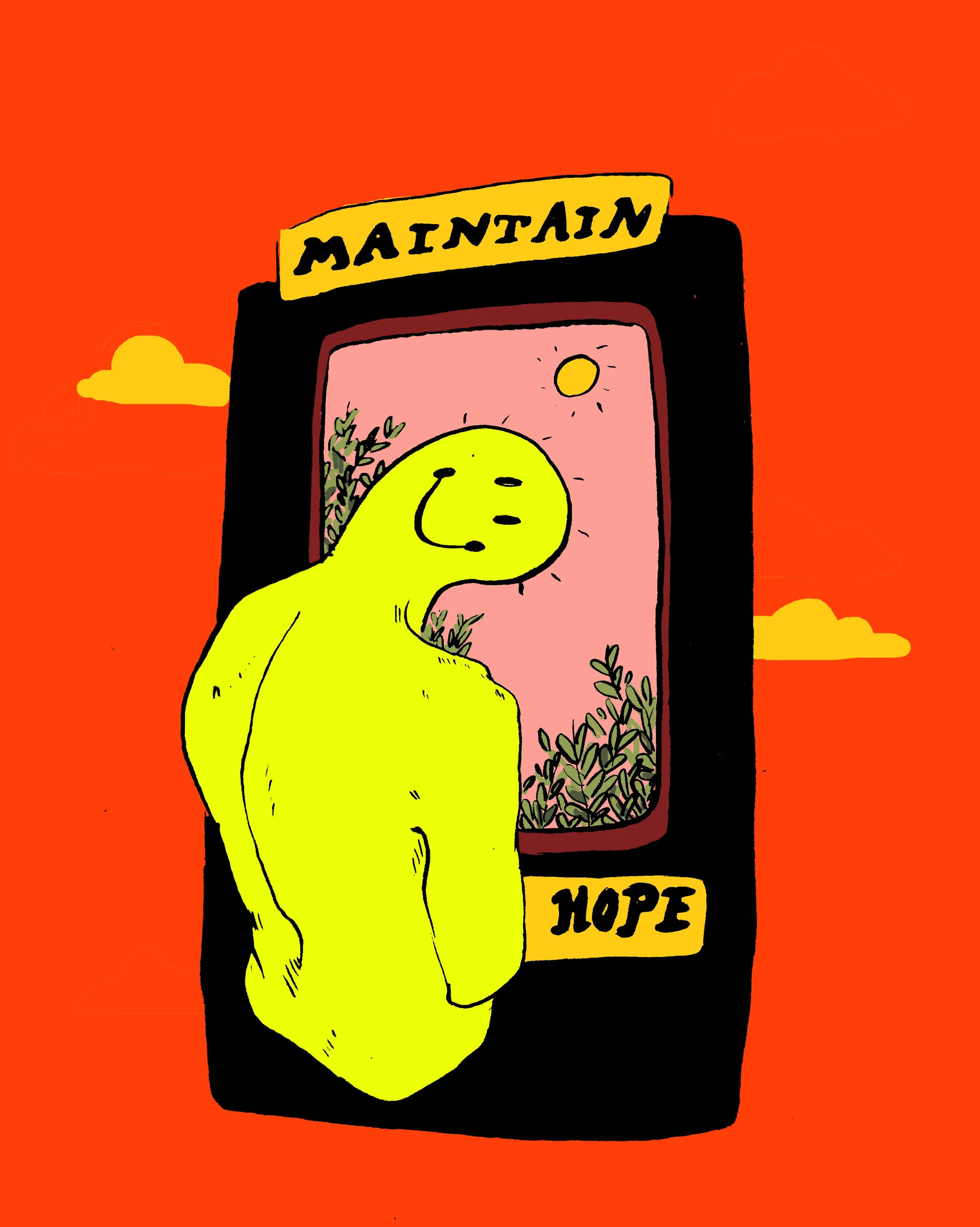 A drawing of a yellow creature with a human-like face, standing in front of a black vending machine with a pink screen. The vending machine has a yellow sign with the word 'MAINTAIN' written backwards at the top and a yellow label with the word 'HOPE