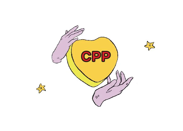 Illustration of two hands holding a yellow heart with the letters 'CPP' in the center, surrounded by small star shapes.