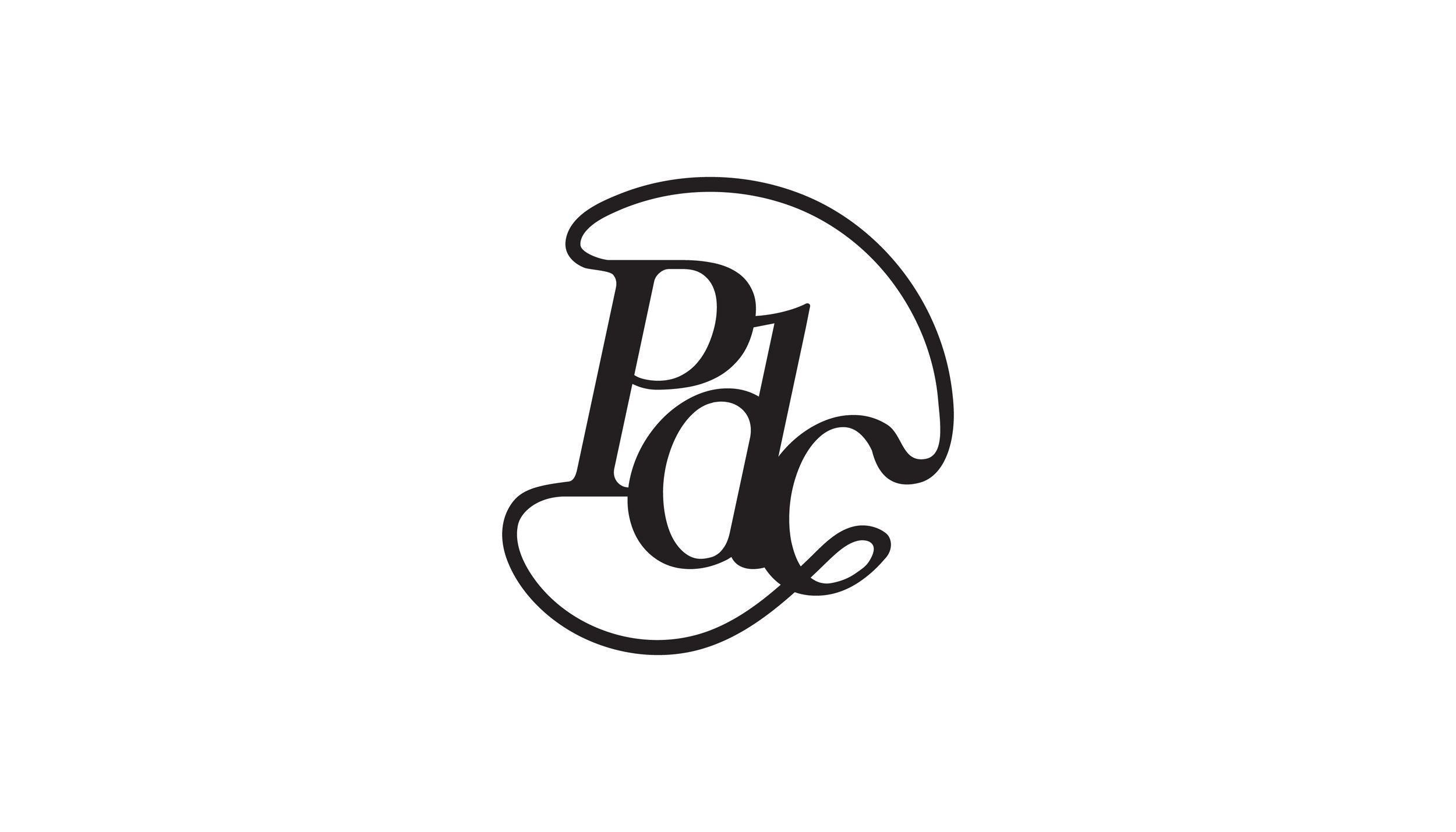 Black outline logo with intertwined letters D, P, and C, with a playful umbrella shape incorporated into the design.