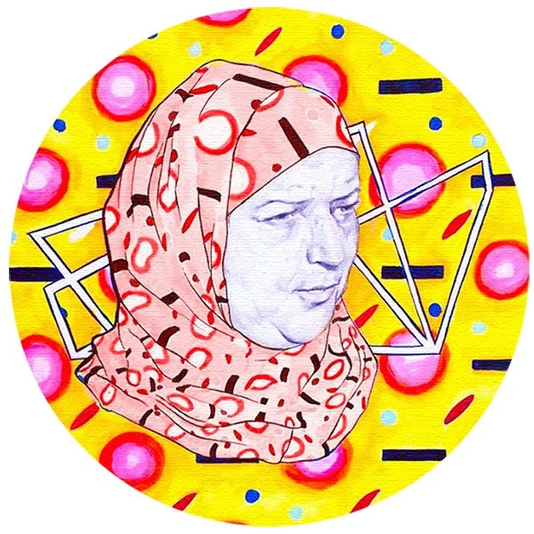 Artwork featuring a woman with a pale face wearing a pink scarf with red and black patterns, set against a yellow background with pink circles, blue dots, and geometric lines.
