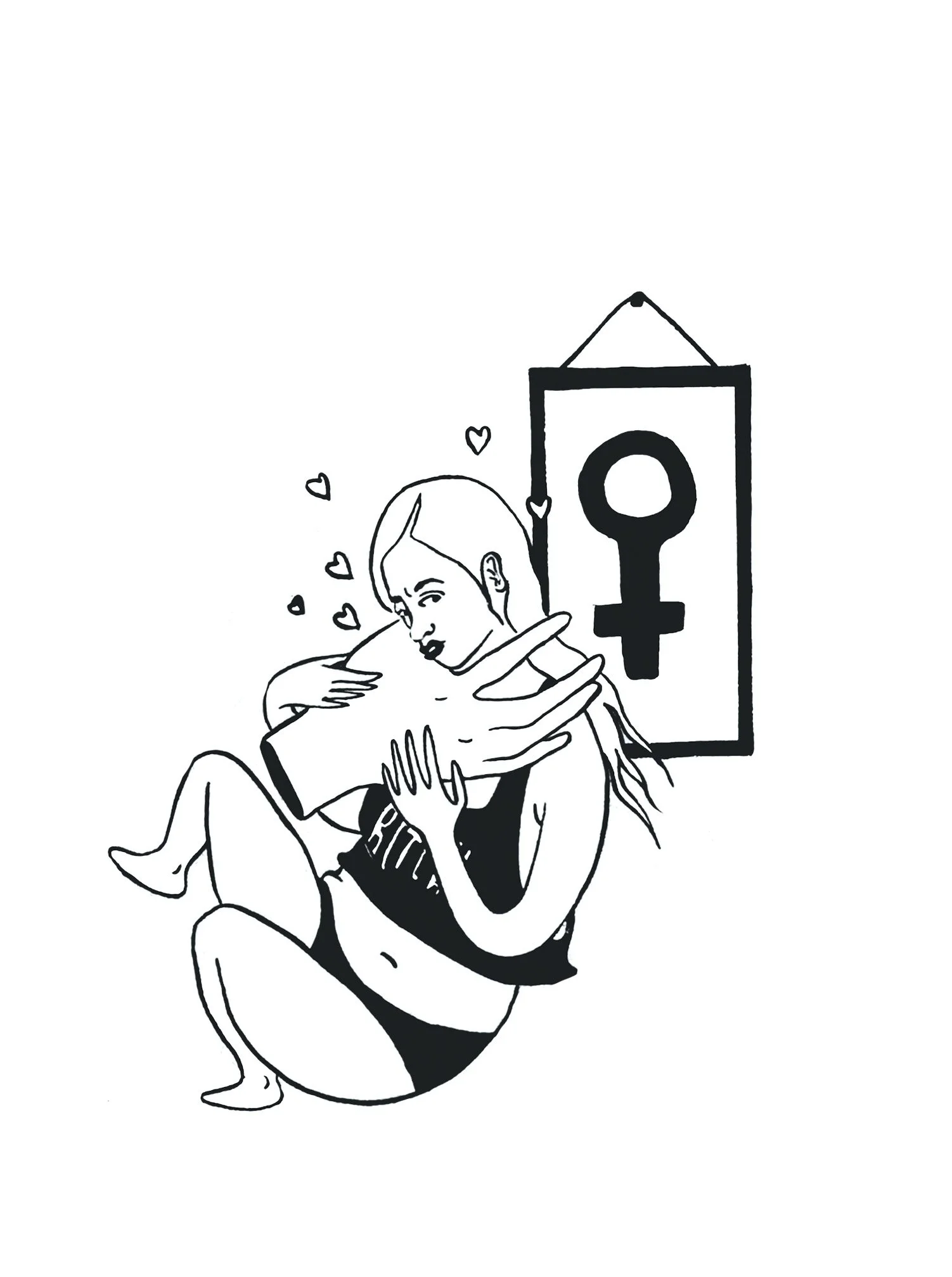 A black and white illustration of two women hugging, with one woman sitting on the ground and the other embracing her. There are small hearts around the women, and in the background, a framed symbol of a female gender sign is hanging.