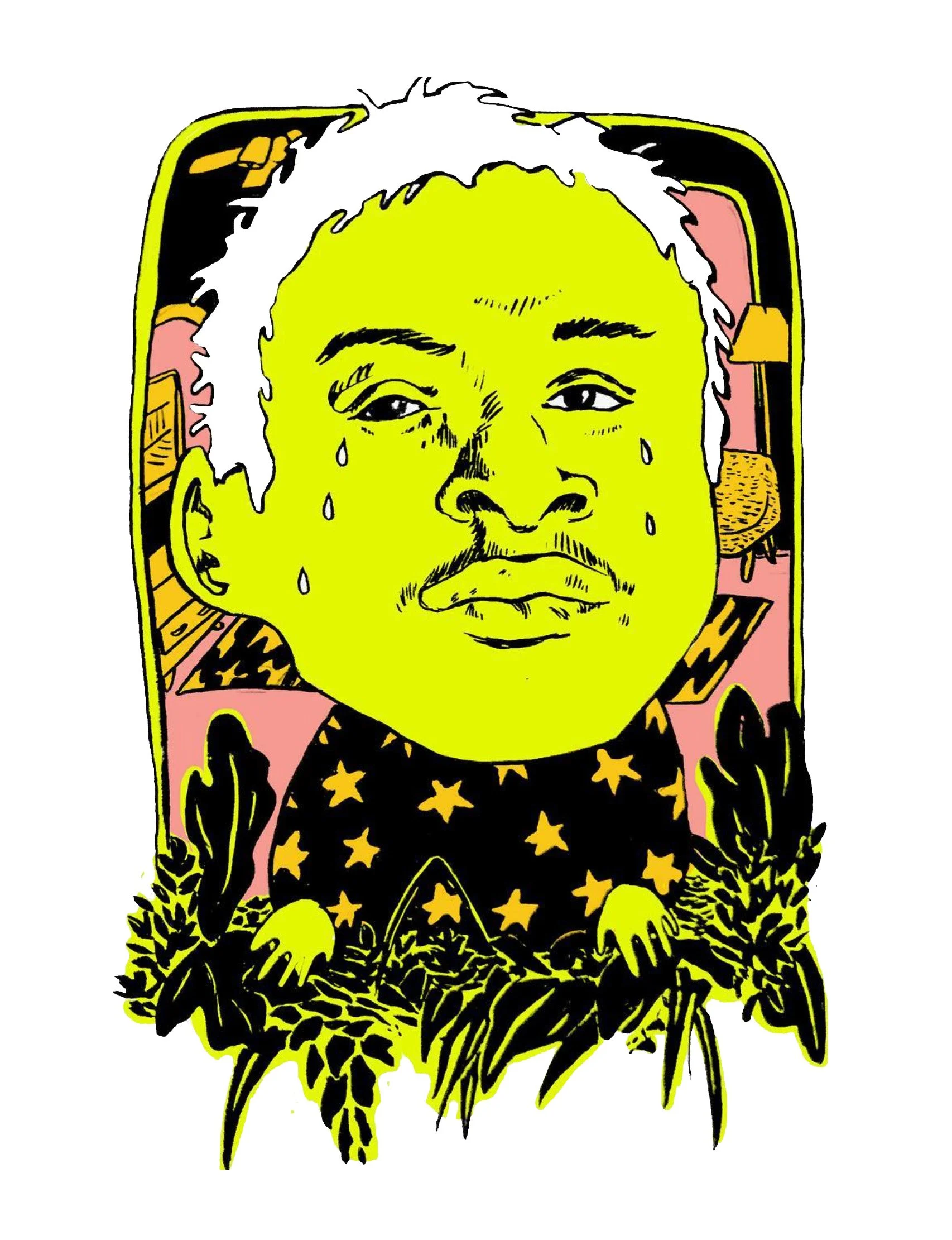 A stylized cartoon portrait of a person with a serious expression, green face, and short white hair, surrounded by plants and objects like a plant, a sandwich, and a cardboard box, with a pink background and outlined in black.