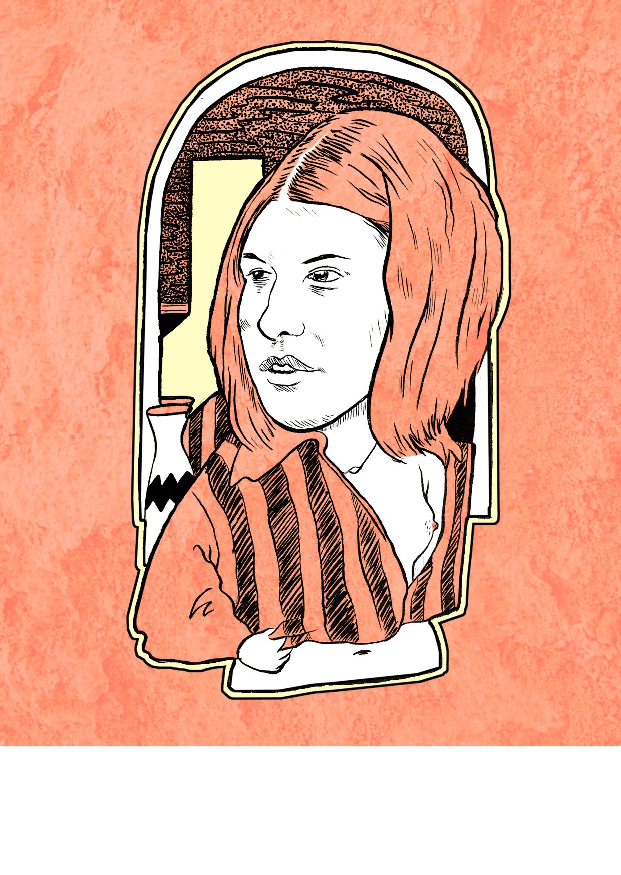 A digitally illustrated portrait of a woman with shoulder-length reddish hair, wearing a striped shirt, looking to the side, with an arched window and abstract background behind her.