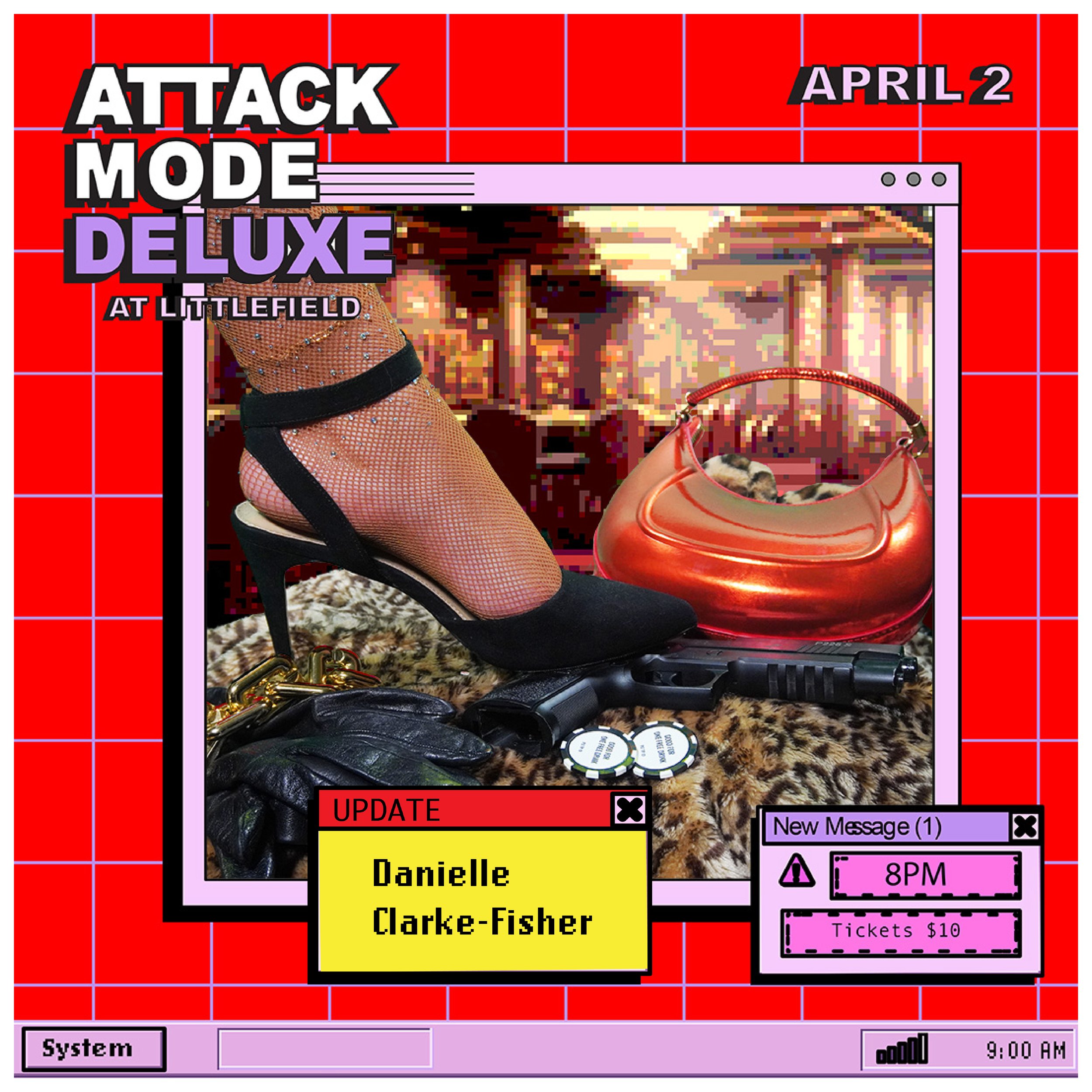 Digital graphic promoting the movie 'Attack Mode Deluxe' at Littlefield on April 2nd, featuring a high-heeled shoe, a handbag, a gun, poker chips, and a leopard-print surface with a cityscape background.