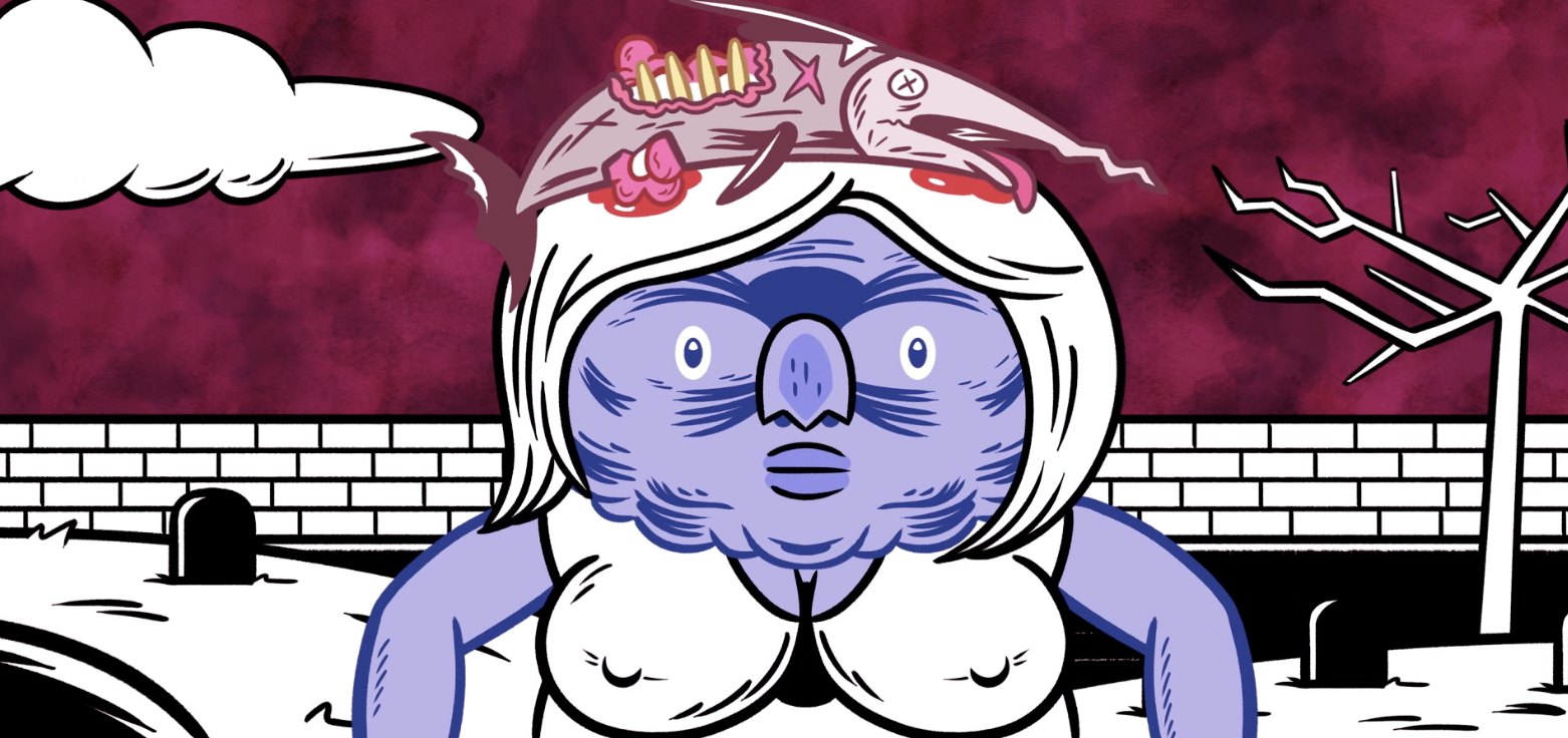 A cartoon character with a blue face, large nose, and wide eyes, standing outside with a dark, ominous sky and a leafless tree in the background. The character has long white hair and appears distressed.