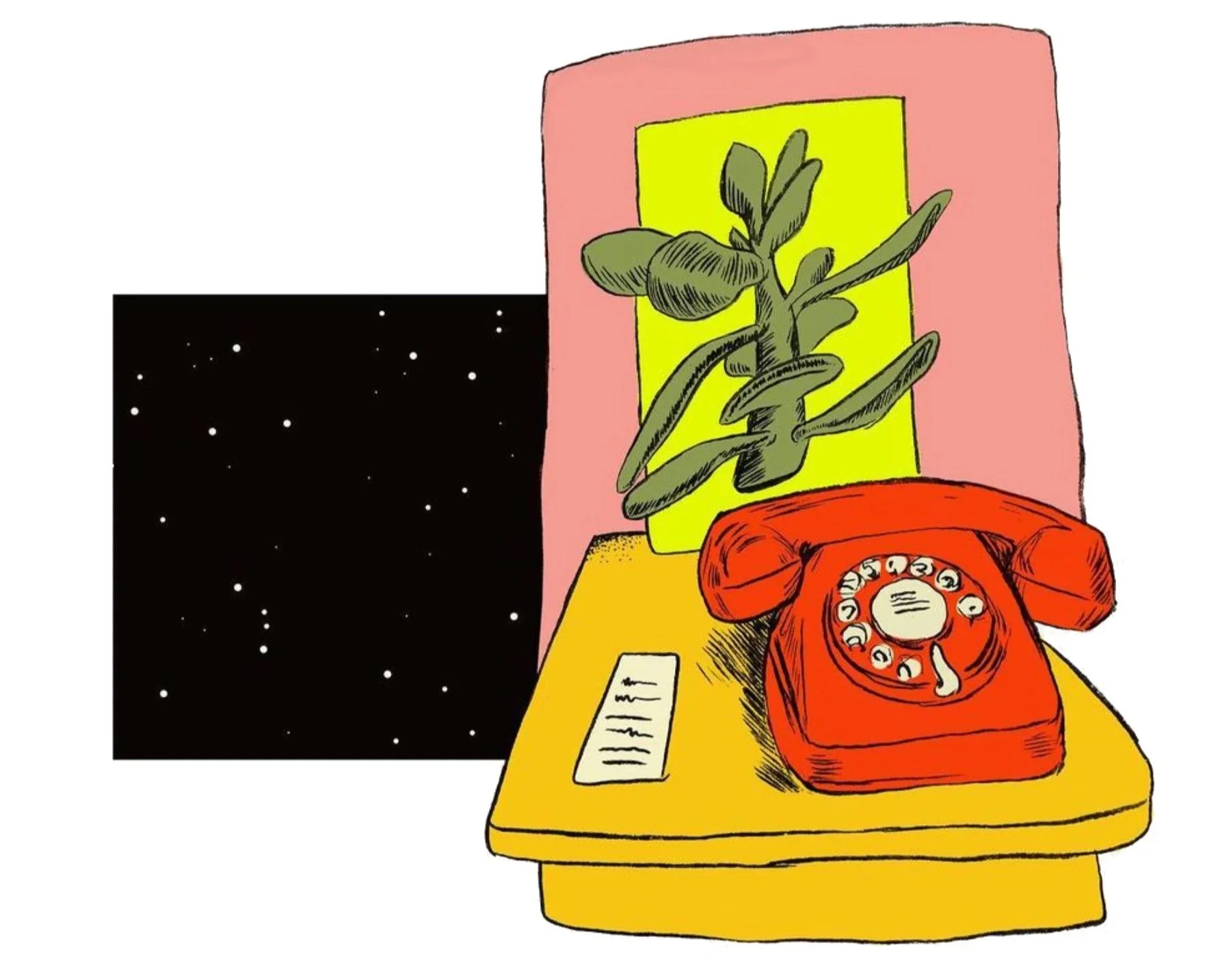 A vintage red rotary telephone resting on a yellow table. Behind the telephone is a potted plant with green leaves in a yellow container. The background has pink and black sections, with the black section depicting white stars.