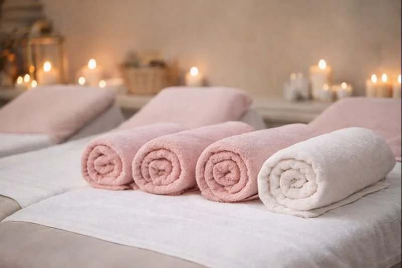 Teli e asciugamani coordinati preparati per un addio al nubilato in spa, atmosfera rilassante e curata.