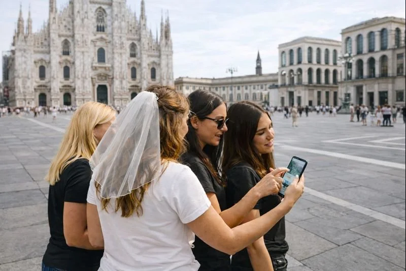 Addio al nubilato a Milano: gruppo di amiche guarda lo smartphone in Piazza Duomo, sposa con velo bianco.