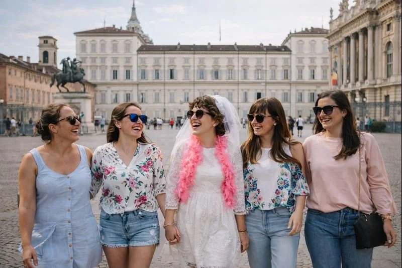 Gruppo di amiche durante un addio al nubilato passeggia in una piazza di Torino, sposa al centro con velo, atmosfera rilassata.
