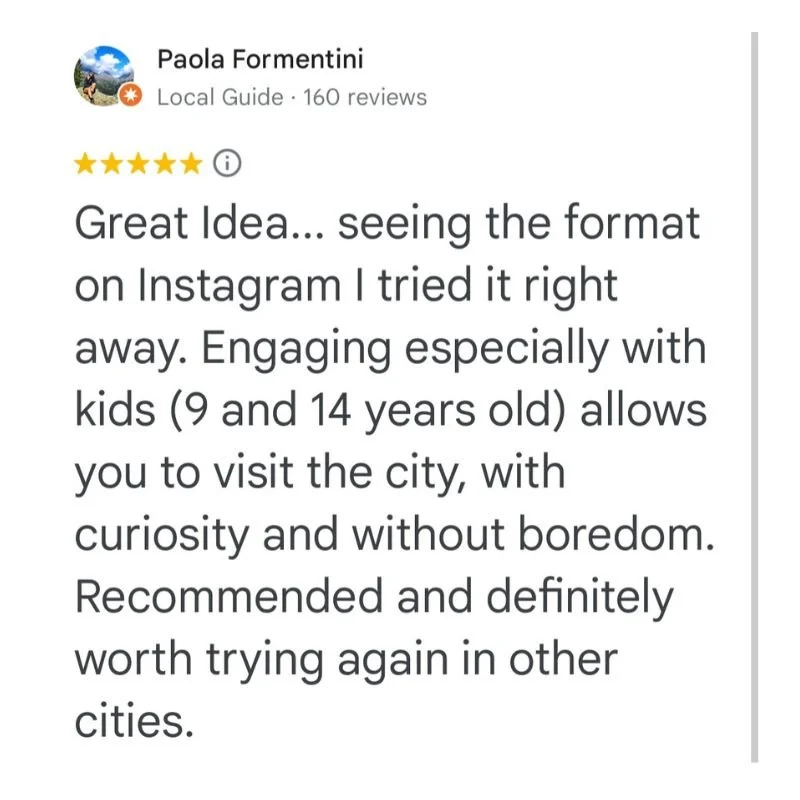 Screenshot of a positive review for a city tour by Paola Formentini, describing her Instagram format and recommending it for visiting the city with children aged 9 to 14.