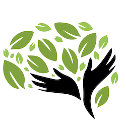 Stylized black hand holding green leaves