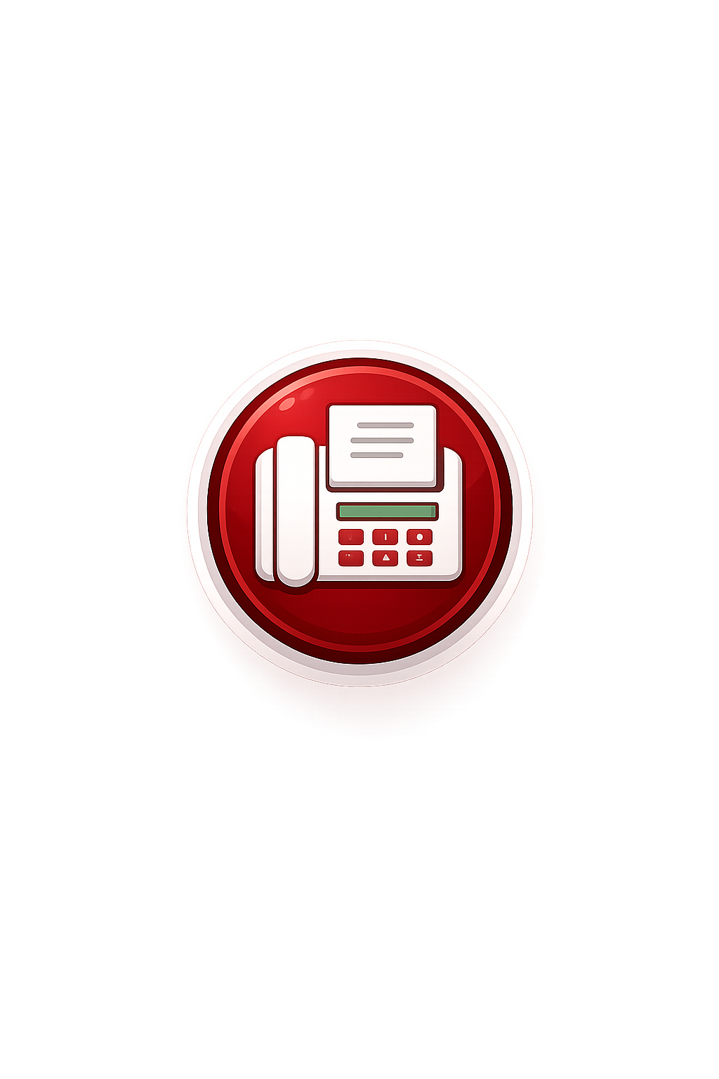 Red and white office fax telephone icon on a circular background.