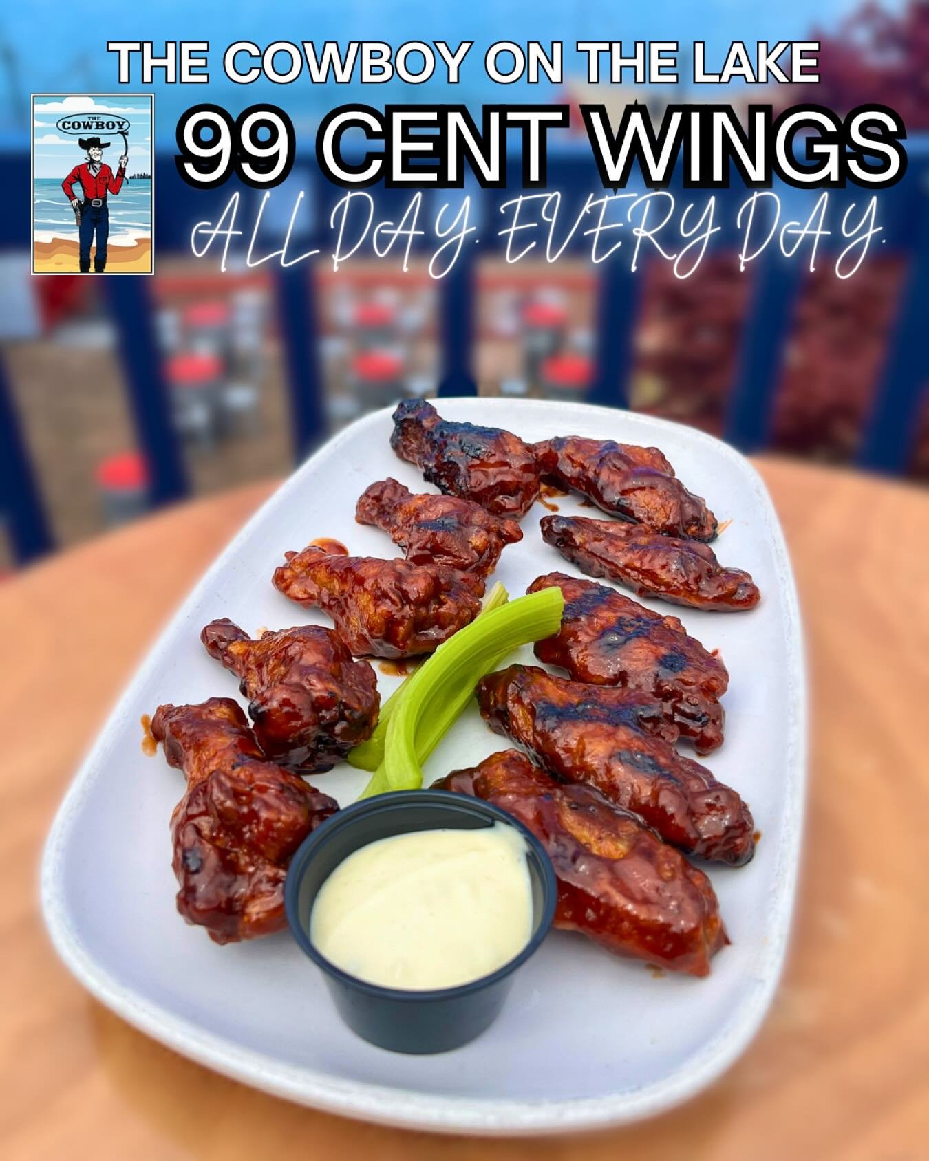 Craving wings AND live music? Your Saturday plans are set! 🎶🍗🌅 Head to The Cowboy on the Lake &mdash; we&rsquo;ve got 99&cent; WINGS EVERY DAY and Urban Renewal playing LIVE tonight at 7pm on our outdoor patio! 

Pick your flavor: Hot, Medium, Mil