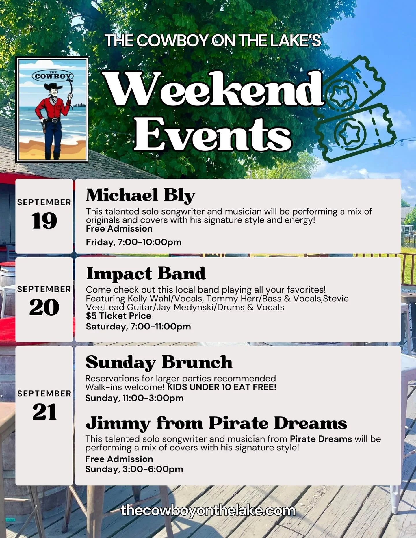 🎶✨ Weekend vibes are set at The Cowboy on the Lake! ✨🎶

📅 Here&rsquo;s what&rsquo;s happening:
👉 Friday 9/19 &ndash; Michael Bly live | 7&ndash;10pm | Free Admission
👉 Saturday 9/20 &ndash; Impact Band | 7&ndash;11pm | $5 Ticket
👉 Sunday 9/21 &