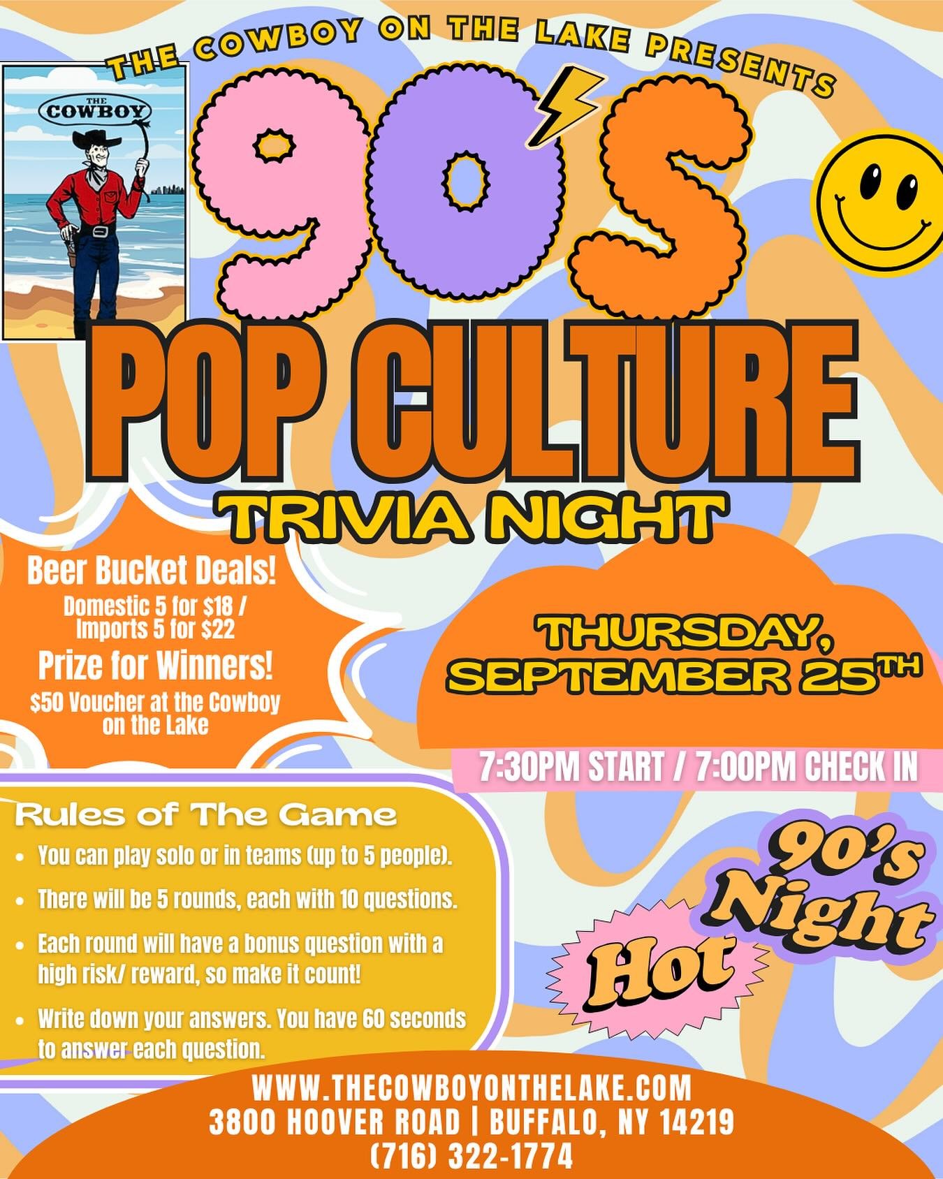 ✨TONIGHT✨ at The Cowboy on the Lake (3800 Hoover Road, Buffalo, NY) &mdash; it&rsquo;s 90&rsquo;s Pop Culture Trivia Night! 🎉

📍 Dining room | Check-in 7pm | Trivia starts 7:30pm
👯 Teams up to 5 | 5 rounds + bonus questions
🍻 Beer bucket specials