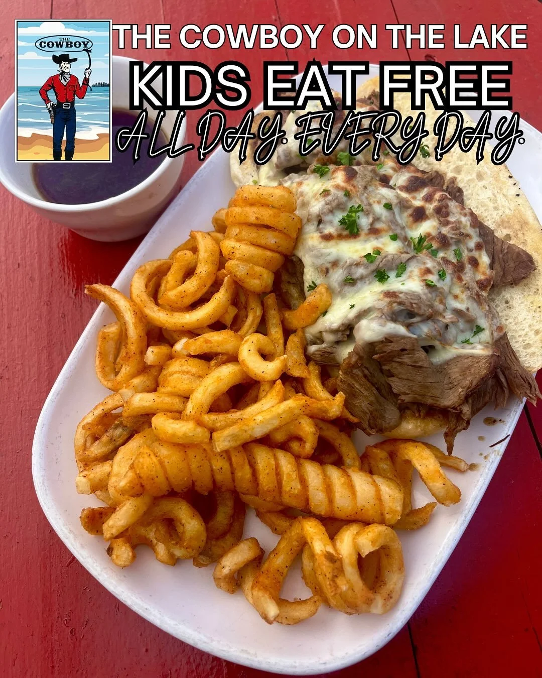 🥪 At The Cowboy on the Lake, kids eat FREE every day 👧👦 &mdash; while parents can dig into our stacked sandwiches, HUGE fish fry 🐟, or 99&cent; wing specials🍗.
Family time = happy kids + full bellies all around! 😋✨ #kidseatfree #fishfry #buffal