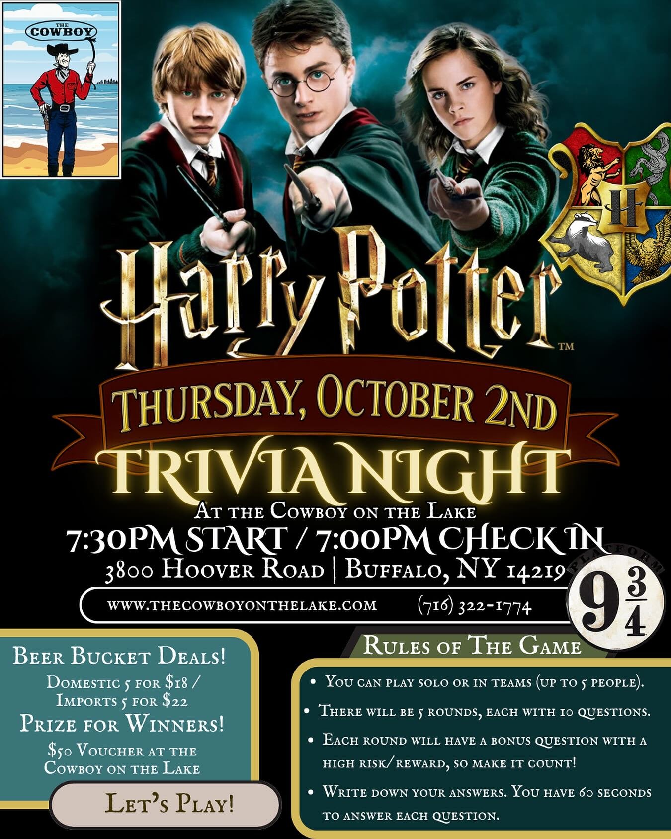 ✨TOMORROW NIGHT✨ at The Cowboy on the Lake (3800 Hoover Road, Buffalo, NY) &mdash; it&rsquo;s Harry Potter Trivia Night! 🧙

📍 Dining room | Check-in 7pm | Trivia starts 7:30pm
👯 Teams up to 5 | 5 rounds + bonus questions
🍻 Beer bucket specials: 5