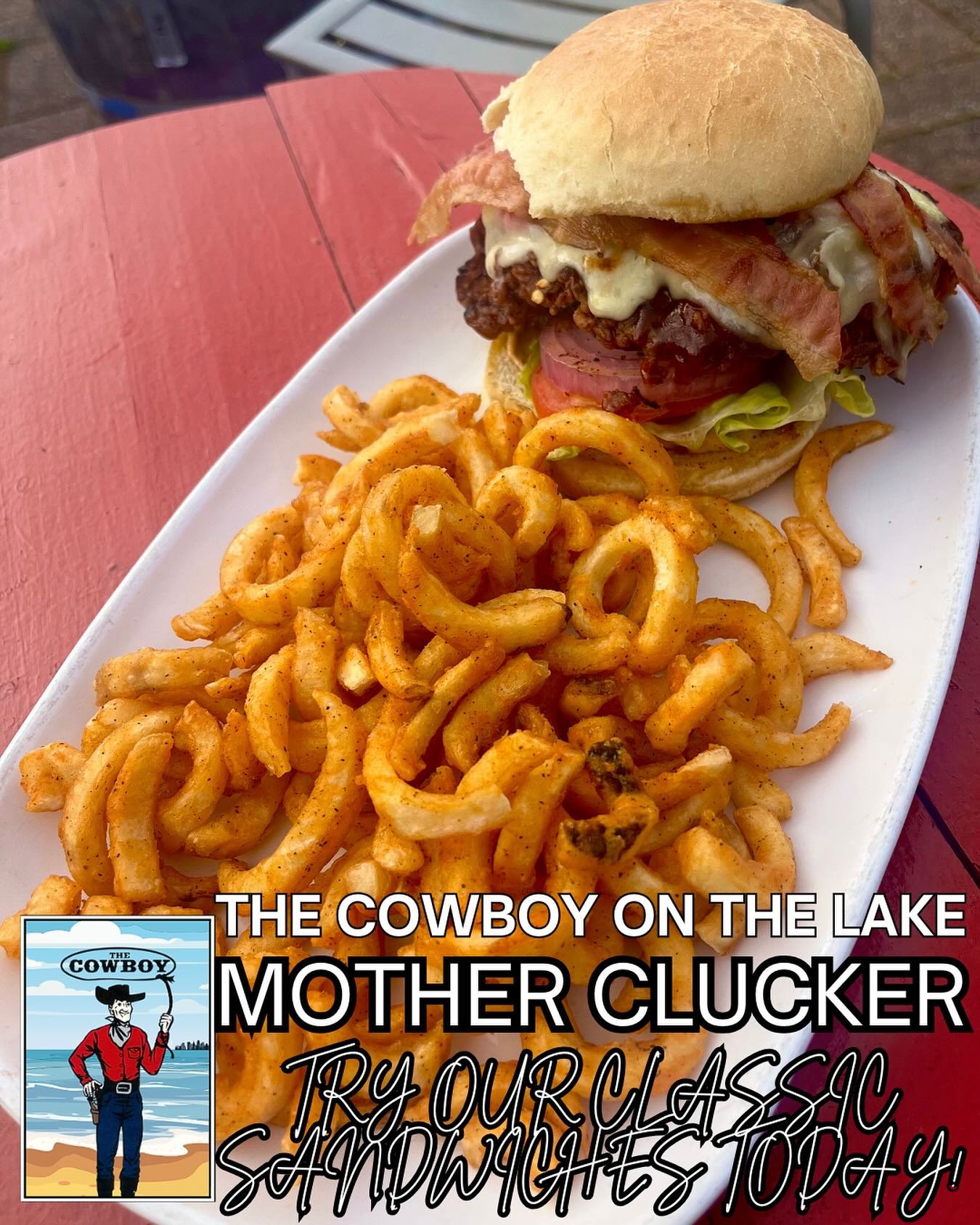 🍔✨ Sandwich cravings? We&rsquo;ve got you covered. Try our signature sandwiches + burgers at The Cowboy on the Lake &mdash; all under $19! From the stacked Mother Clucker to the classic Beef on Weck, the juicy House Burger, or the tasty Buffalo Chic