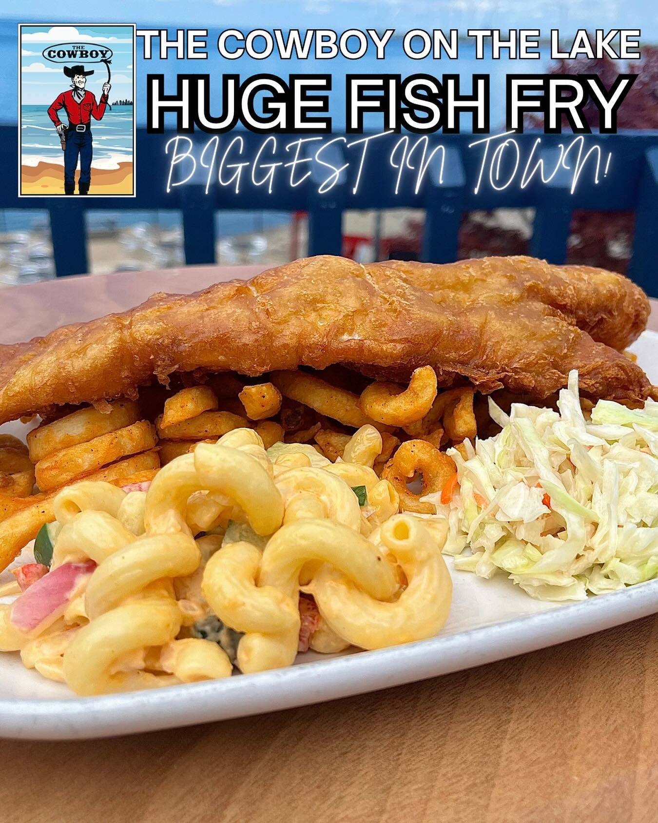 🎣 Sunday Funday at The Cowboy on the Lake! 🐟 Dig into our HUGE fish fry (and take those leftovers to go!) We have brunch 11-3pm today and then enjoy our full dining menu after 2pm. #fishfry #thecowboyonthelake