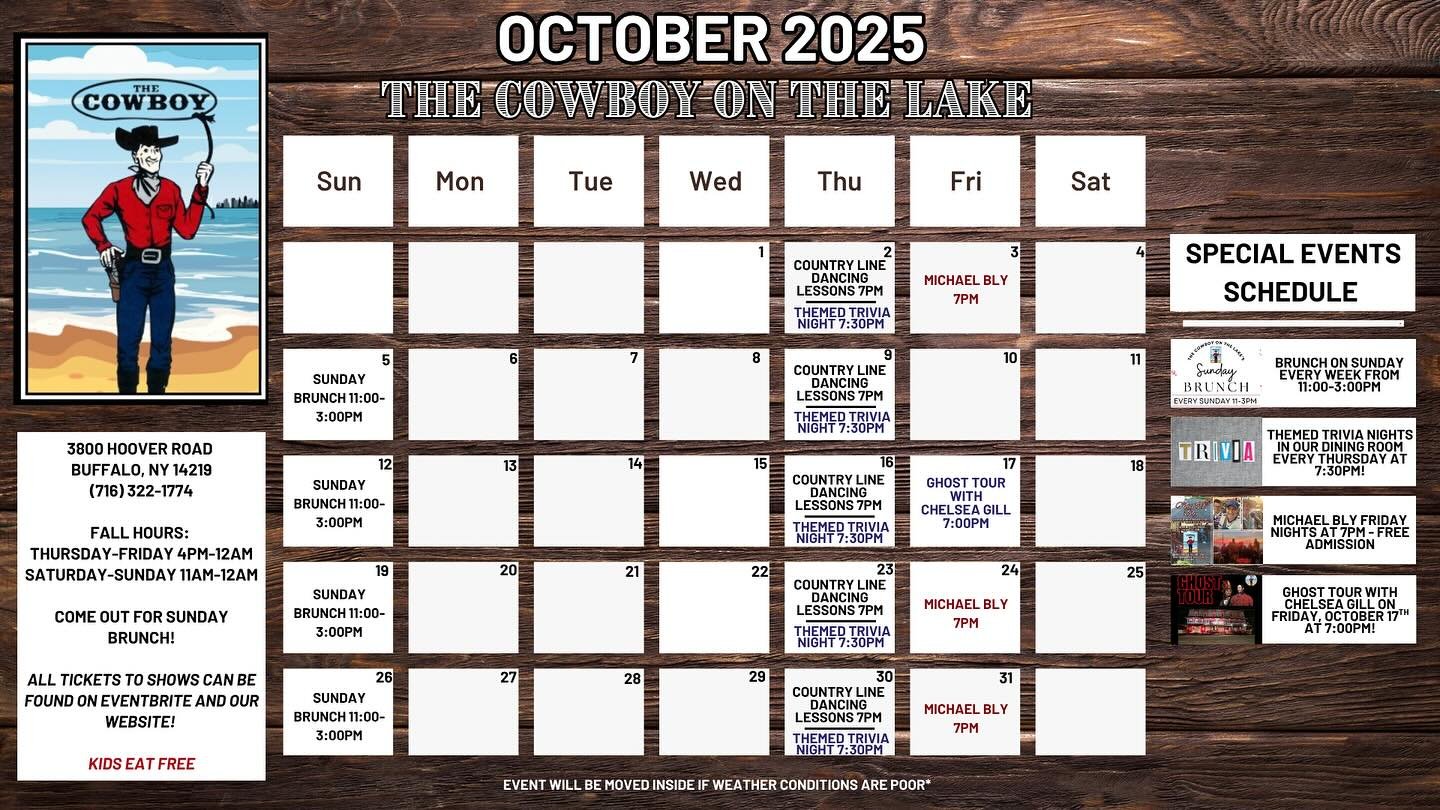 Join us for:
🤠 Country Line Dancing at 7PM and 🧠 Themed Trivia Nights at 7:30PM every Thursday
🎸 Michael Bly live Fridays at 7PM (free admission!)
👻 Ghost Tour with Chelsea Gill &ndash; Oct 17 (SOLD OUT)
🥞 Sunday Brunch every week 11AM&ndash;3PM