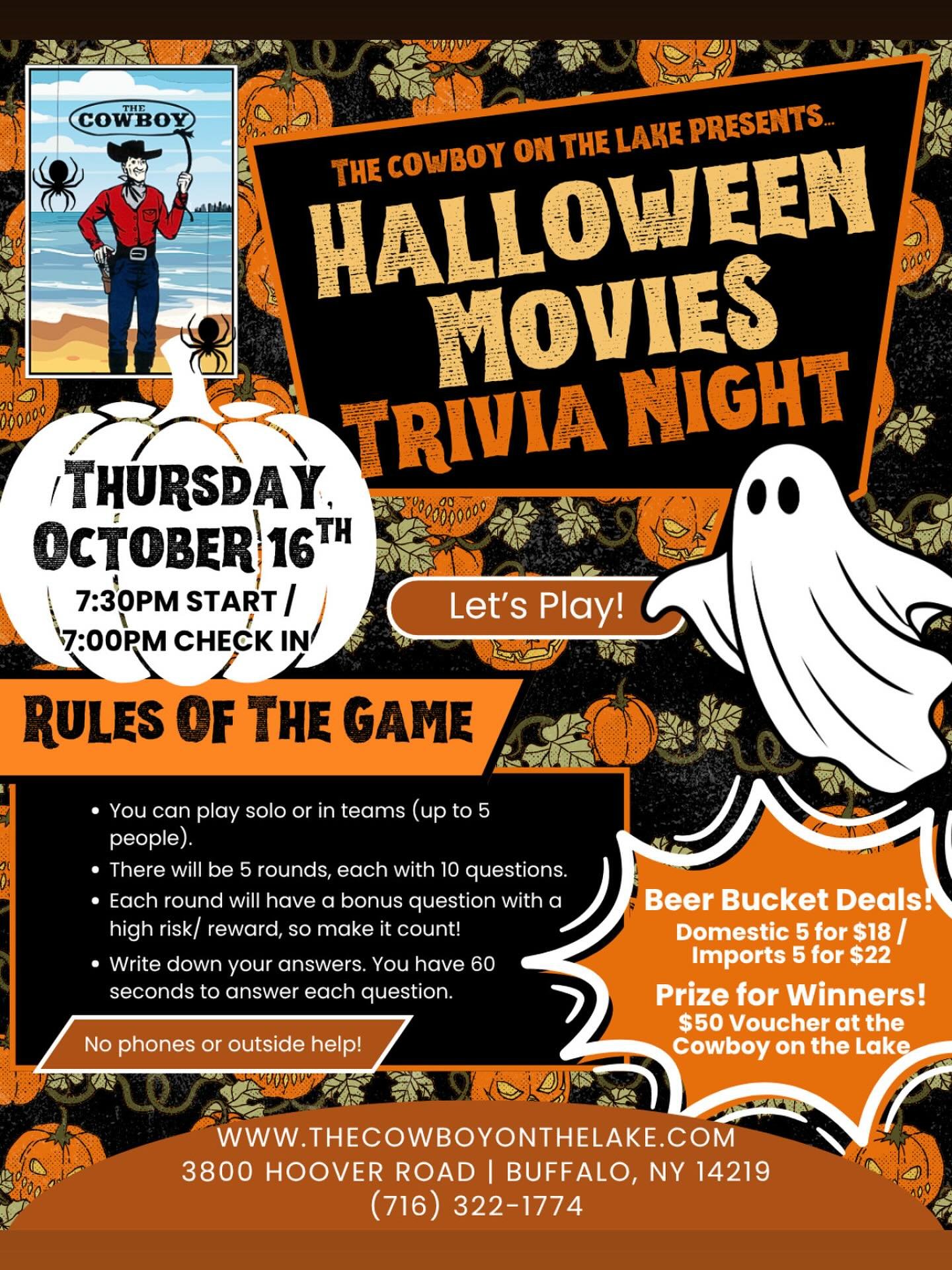 Join us 👻 TOMORROW NIGHT 👻in the dining room for&nbsp;Themed Trivia Night&nbsp;starting at 7:30pm. Gather your crew&mdash;teams of up to 5 people&mdash;and test your knowledge across&nbsp;5 rounds, 10 questions per round, plus a bonus question ever