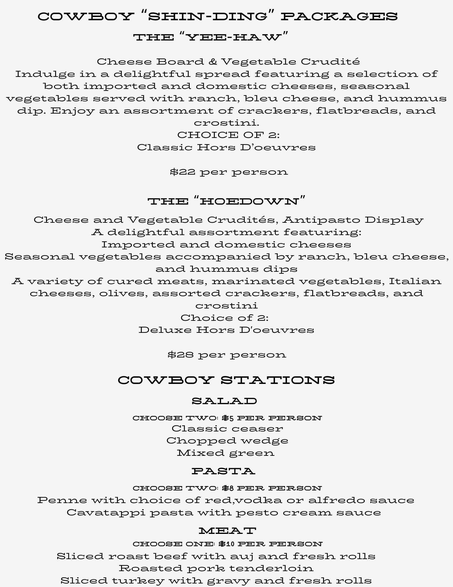 A menu titled 'Cowboy 'Shindig' Packages' with options for cheese boards, vegetable crudités, antipasto display, salad, pasta, and meat dishes, each with detailed descriptions and prices.