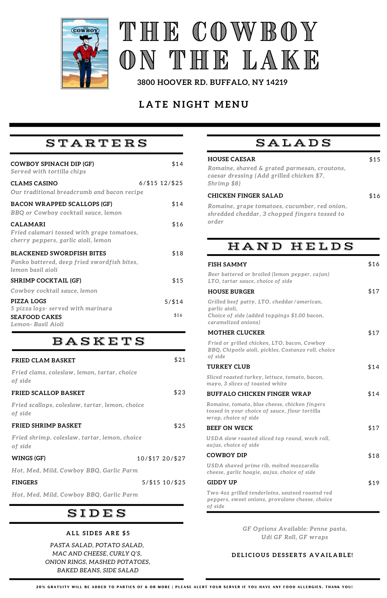 Menu from The Cowboy on the Lake featuring sections for starters, salads, baskets, hand helds, and sides.