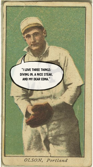 Vintage illustration of a young man in a chef's uniform holding a skillet, with a speech bubble that says 'I love three things: diving in, a nice steak, and my dear Edna.'