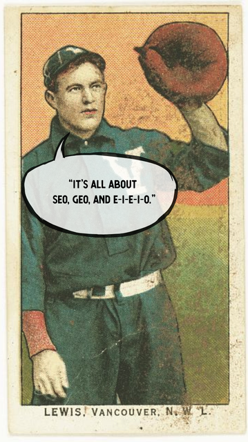 A vintage-style illustration of a young boy in a uniform holding a large apple, with a speech bubble saying "It's all about SEO, GEO, and E-I-E-I-O." The card is labeled "Lewis. Vancouver, N. W. T.".