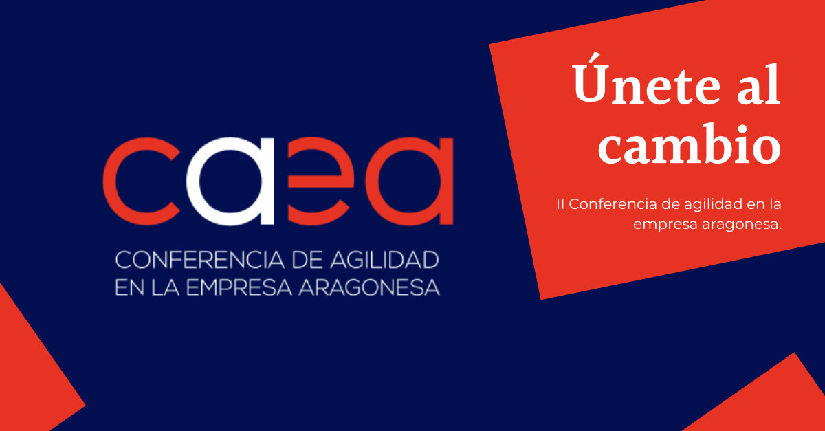 Diseño promocional de la conferencia de agilidad en la empresa aragonesa, con fondo azul y bloques rojos, muestra el texto en español y logo del evento.