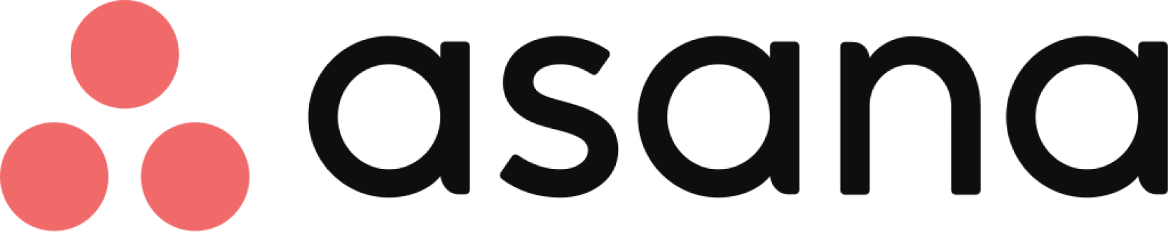 Logo de la compañía Asana con texto negro y tres círculos rosados formando un triángulo a la izquierda.