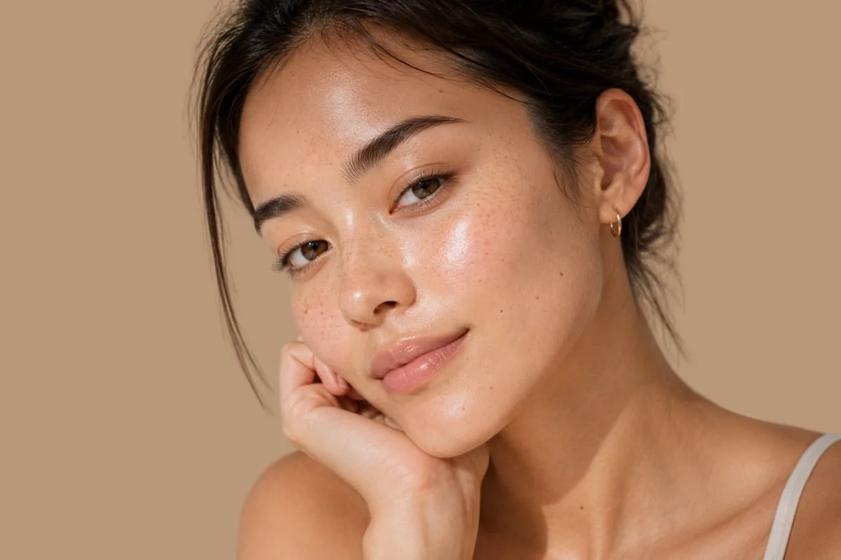 Clear healthy skin with a natural glass skin glow achieved through balanced skincare